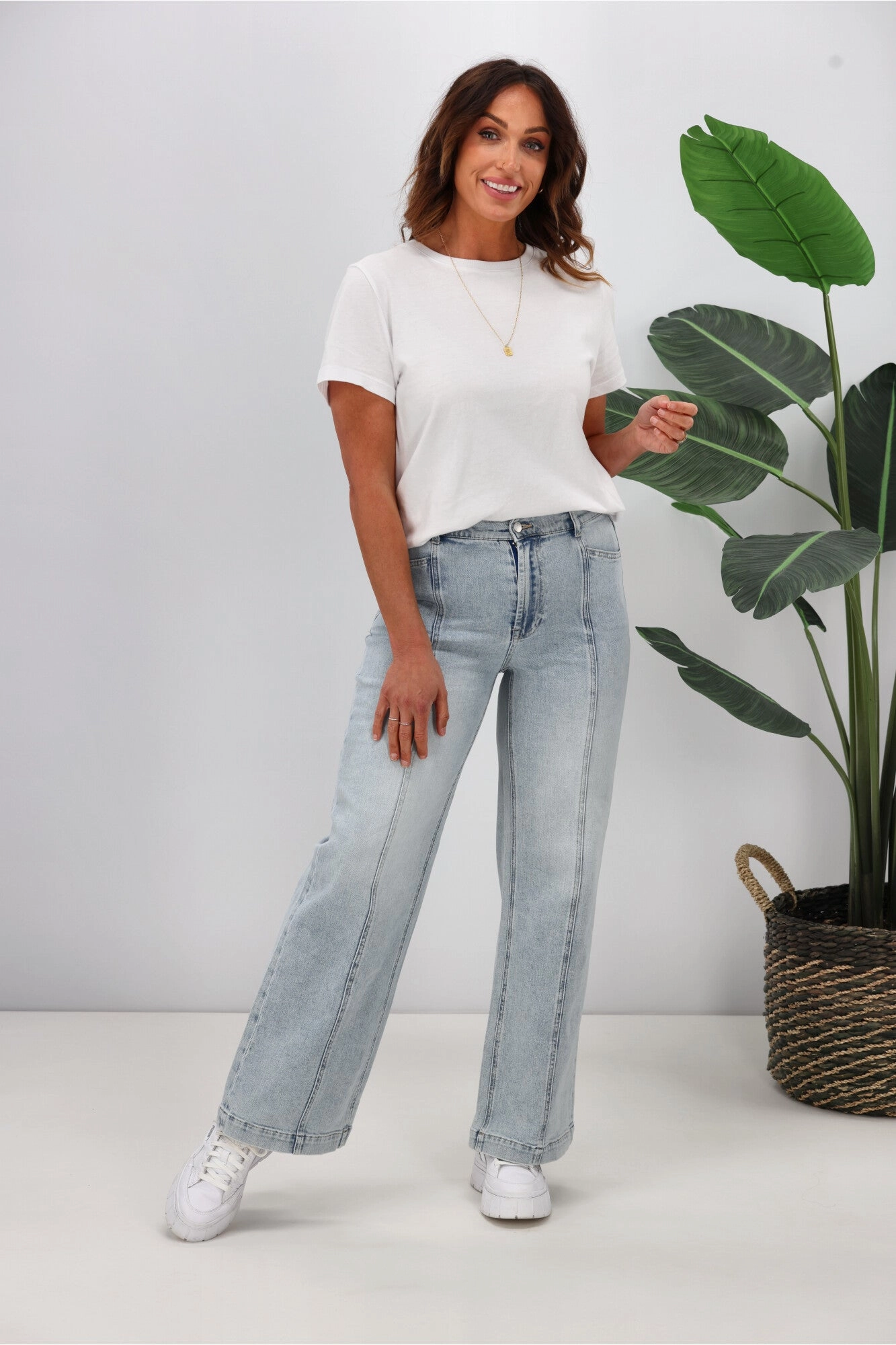 Shine On Label Phoenix Wide Leg Panel Jean Washed Blue Sweat Proof Tight Compression