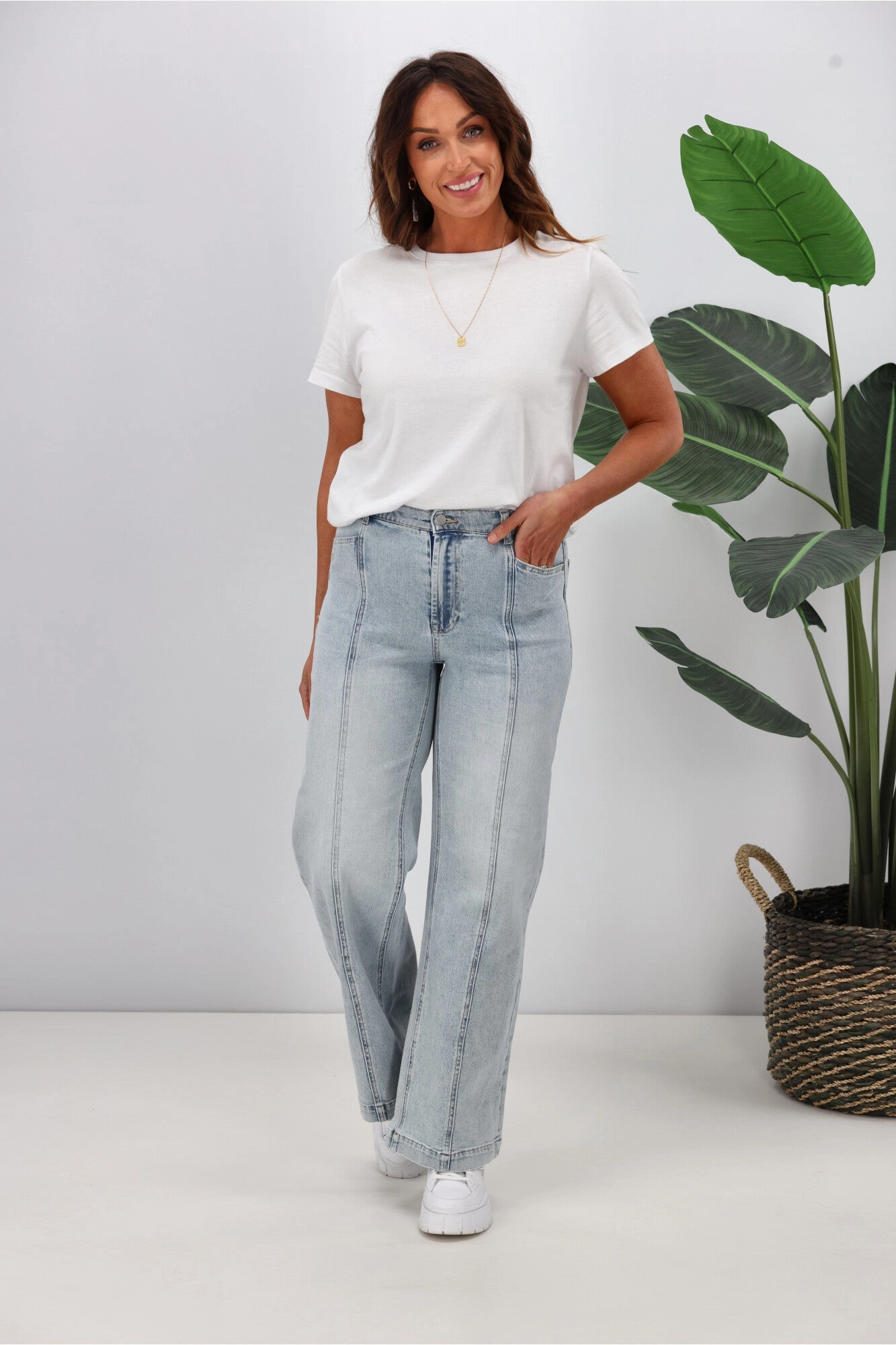 Slim Stretch Friction Resistant Shine On Label Phoenix Wide Leg Panel Jean Washed Blue