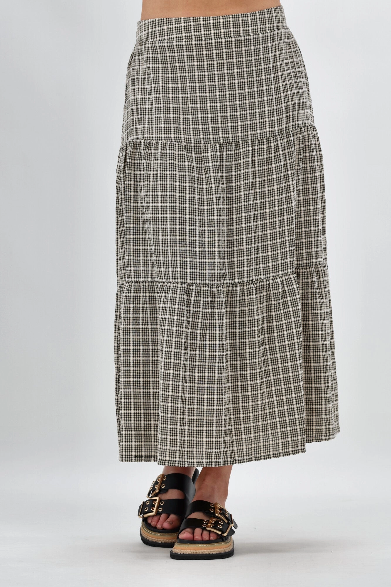 Pastel tone Shine On Label Siemina Tiered Skirt Black Natural Check