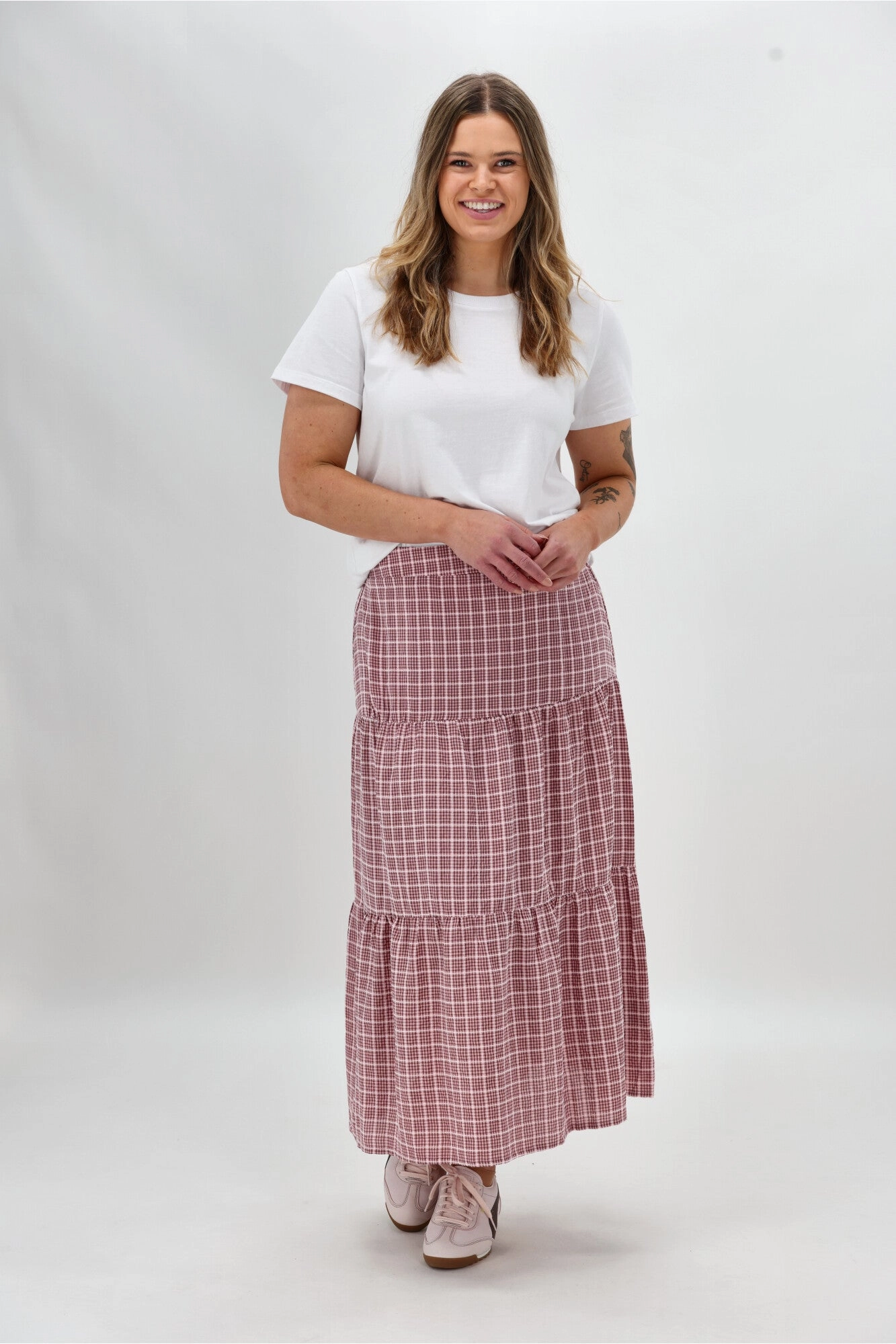 Shine On Label Siemina Tiered Skirt Pink Chocolate Check Urban Edge
