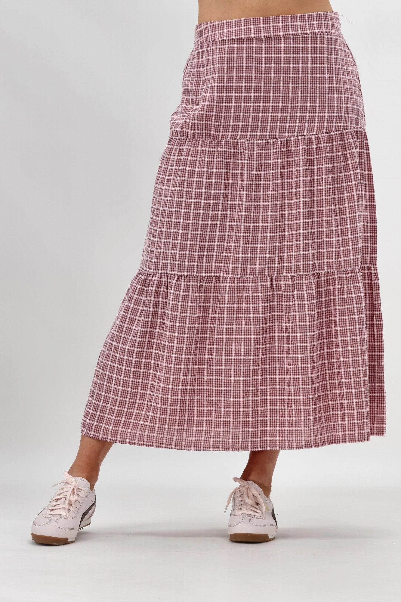 Shine On Label Siemina Tiered Skirt Pink Chocolate Check garden party