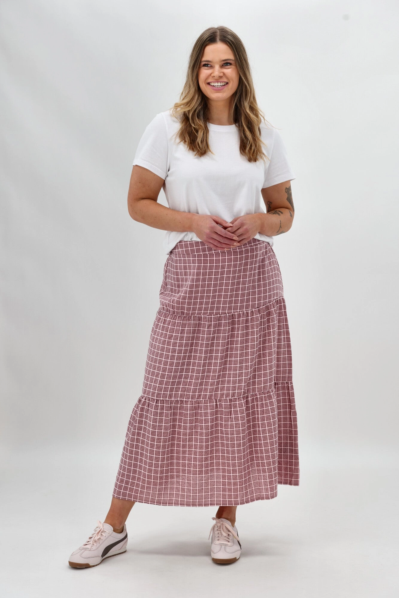 Smooth Layer Simple Outfit Shine On Label Siemina Tiered Skirt Pink Chocolate Check