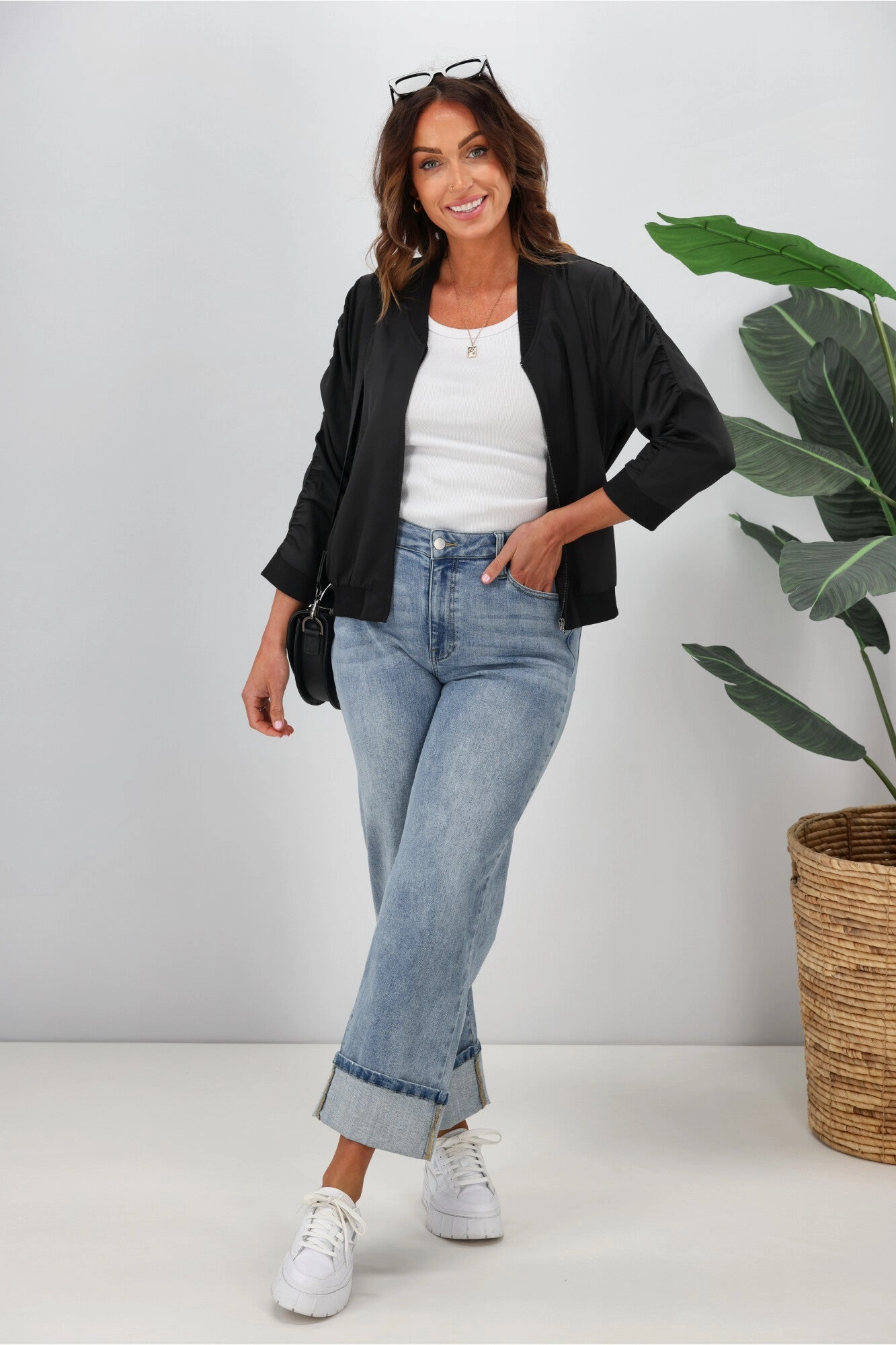 Shine On Label Silvina Gathered Sleeve Bomber Jacket Black SnapFastenings
