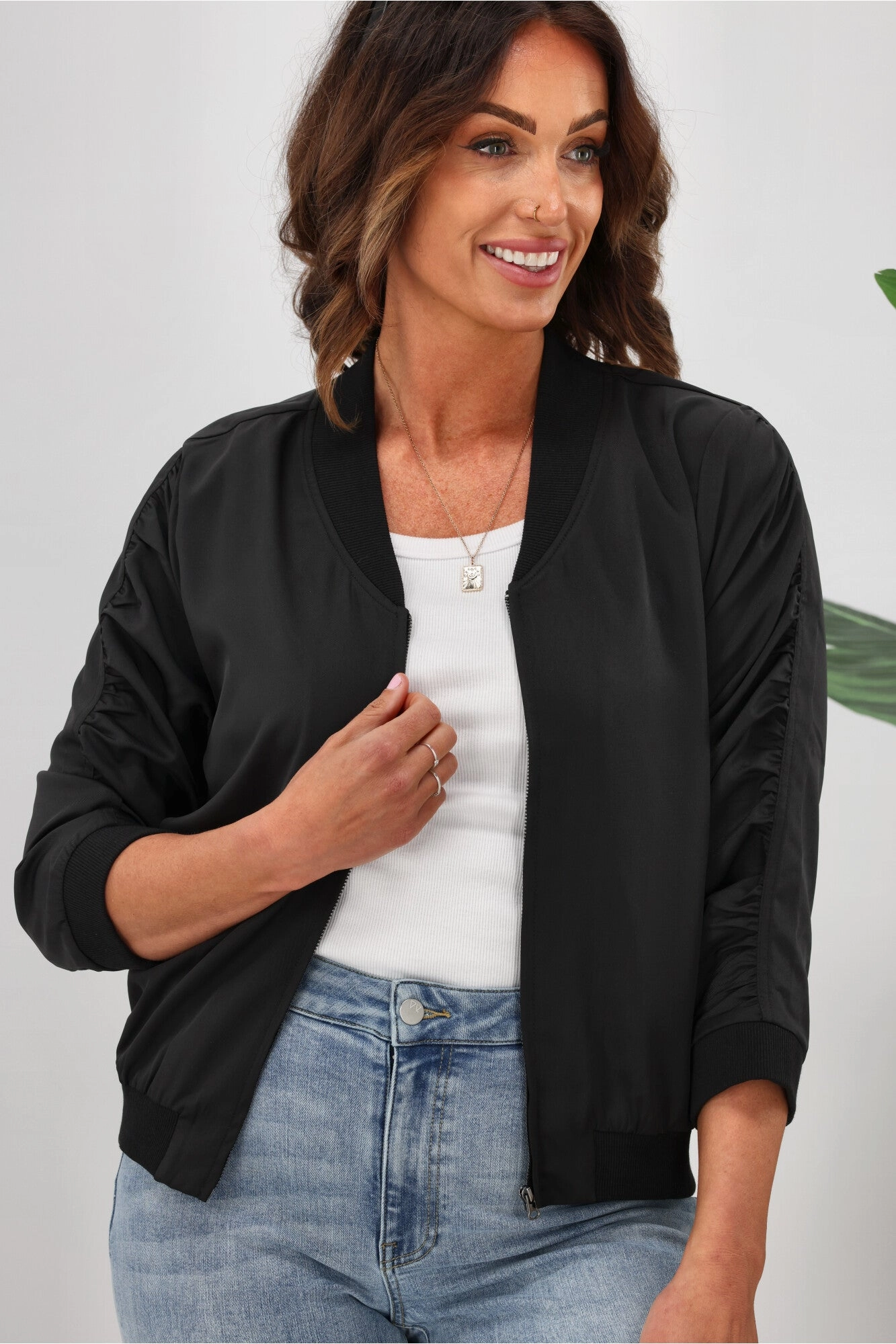 Fray Resistant Edges Practical Design Shine On Label Silvina Gathered Sleeve Bomber Jacket Black