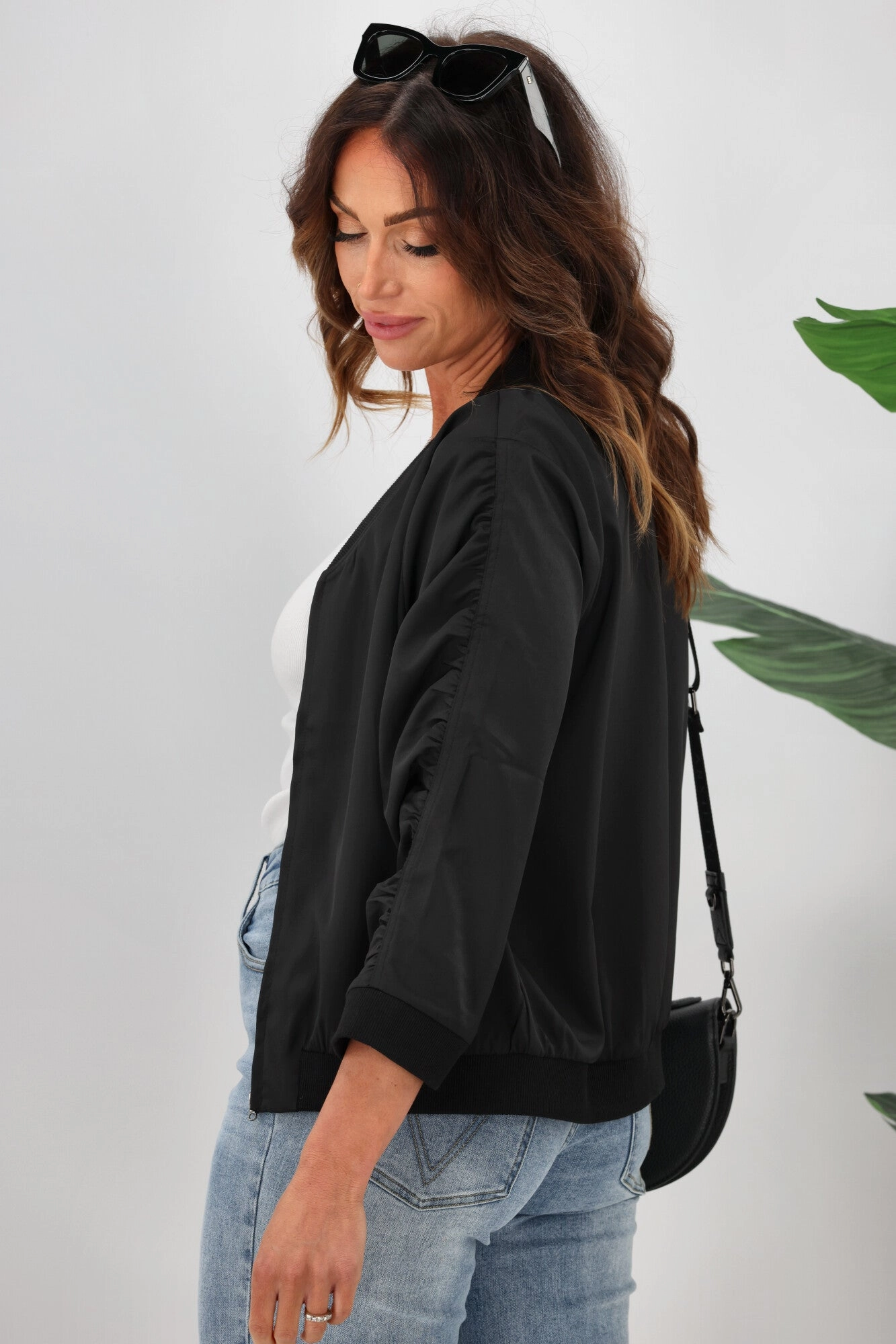 Shine On Label Silvina Gathered Sleeve Bomber Jacket Black Moisture Control Fibers