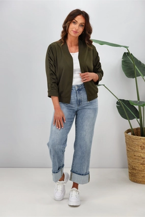 Shine On Label Silvina Gathered Sleeve Bomber Jacket Olive Snag Free Fabric Camo Print