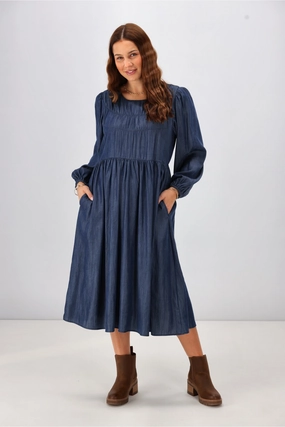windproof Shine On Label Simi Shirred Detail Chambray Dress Indigo
