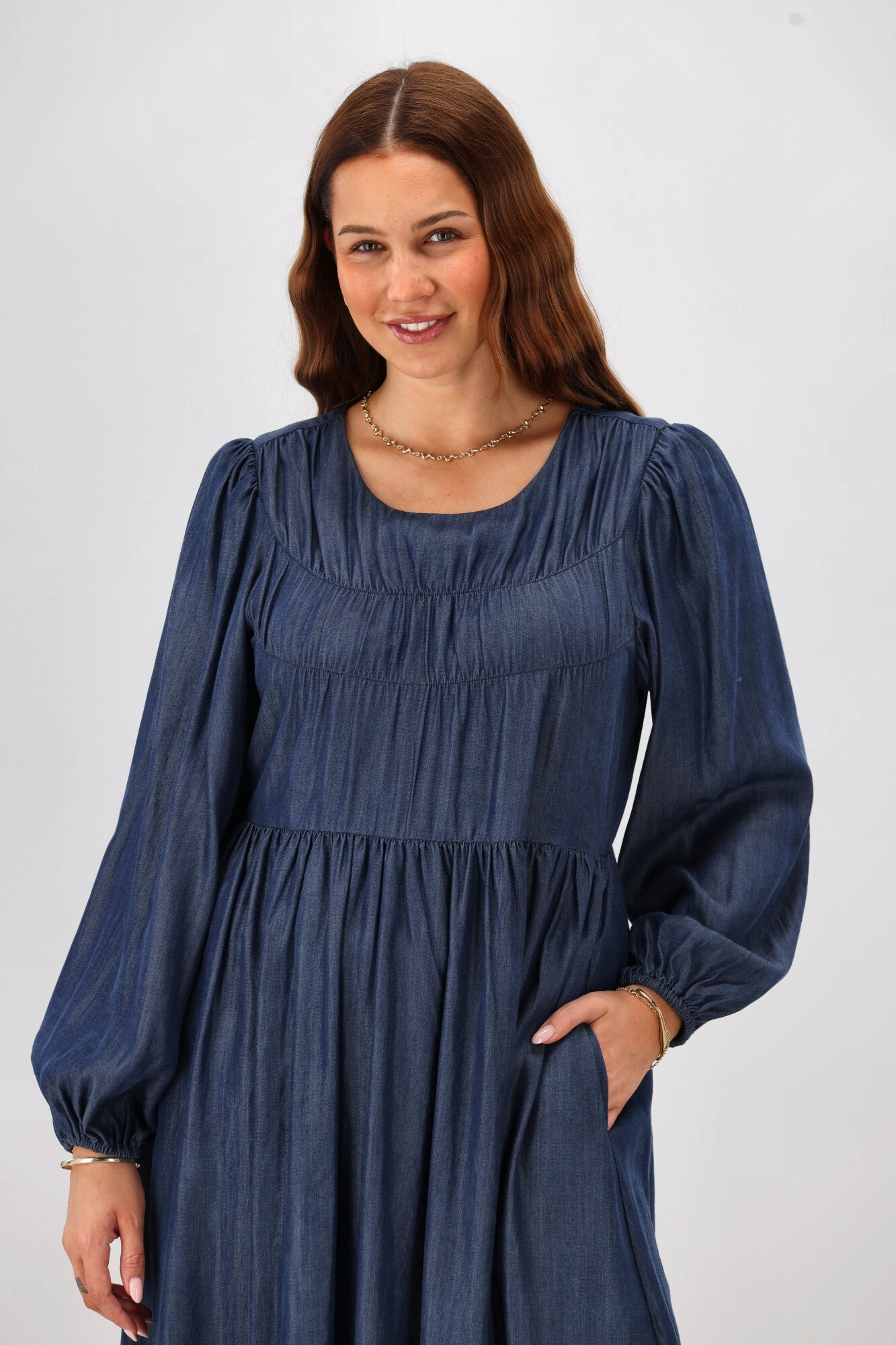 Day Romance Shine On Label Simi Shirred Detail Chambray Dress Indigo