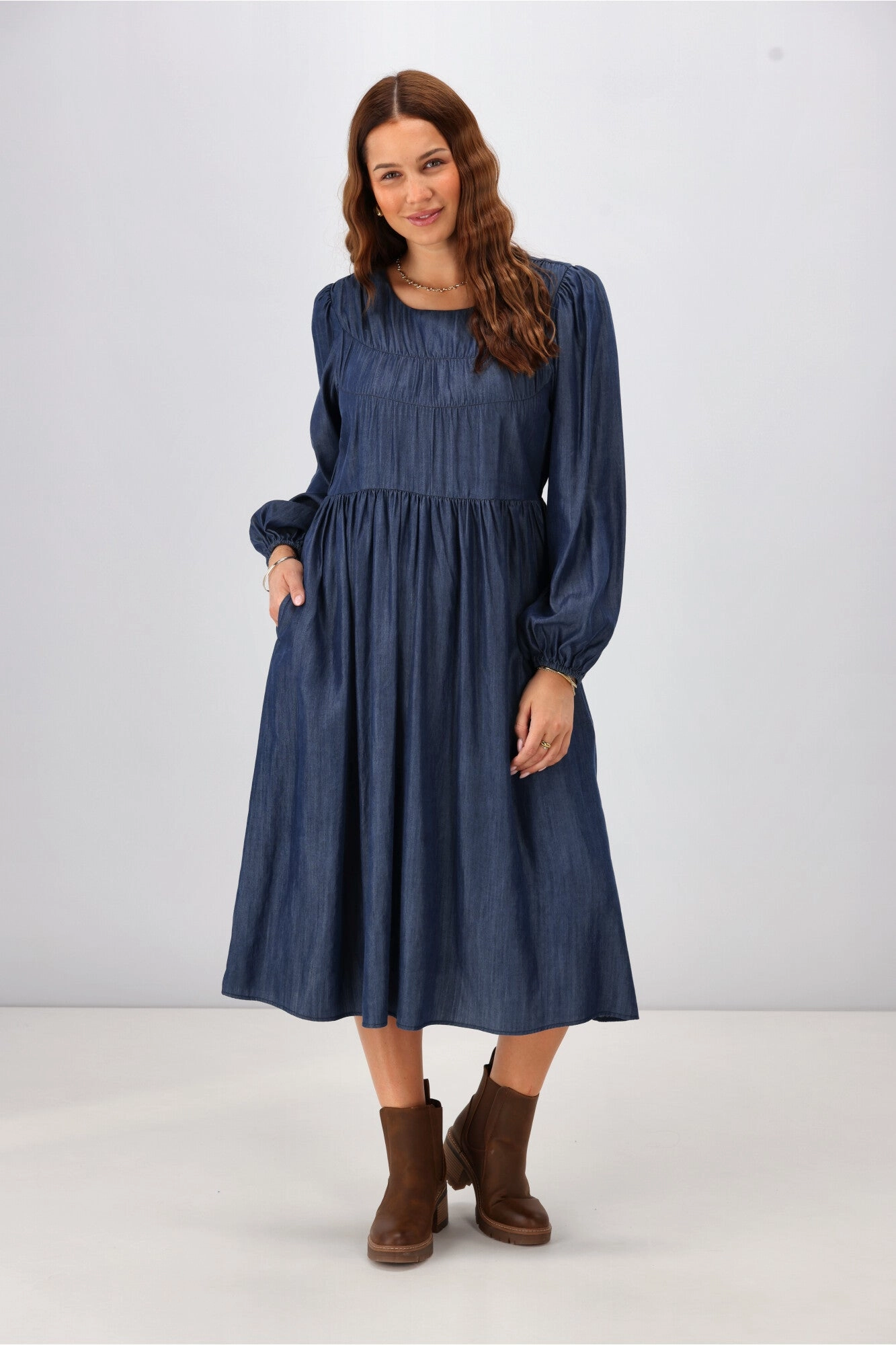 Front Detail Shine On Label Simi Shirred Detail Chambray Dress Indigo