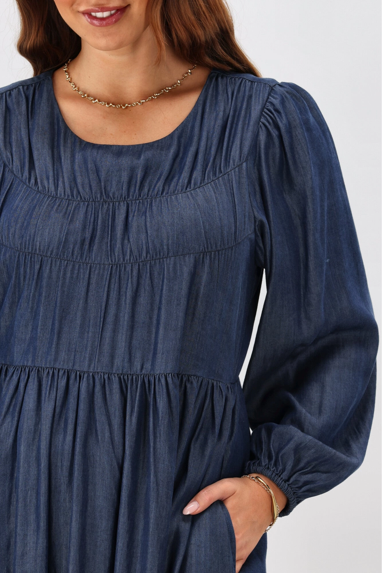 Shared Glow Shine On Label Simi Shirred Detail Chambray Dress Indigo