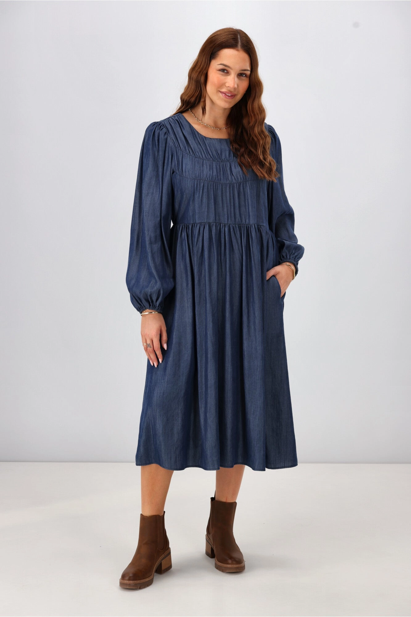 Shine On Label Simi Shirred Detail Chambray Dress Indigo Chill Design