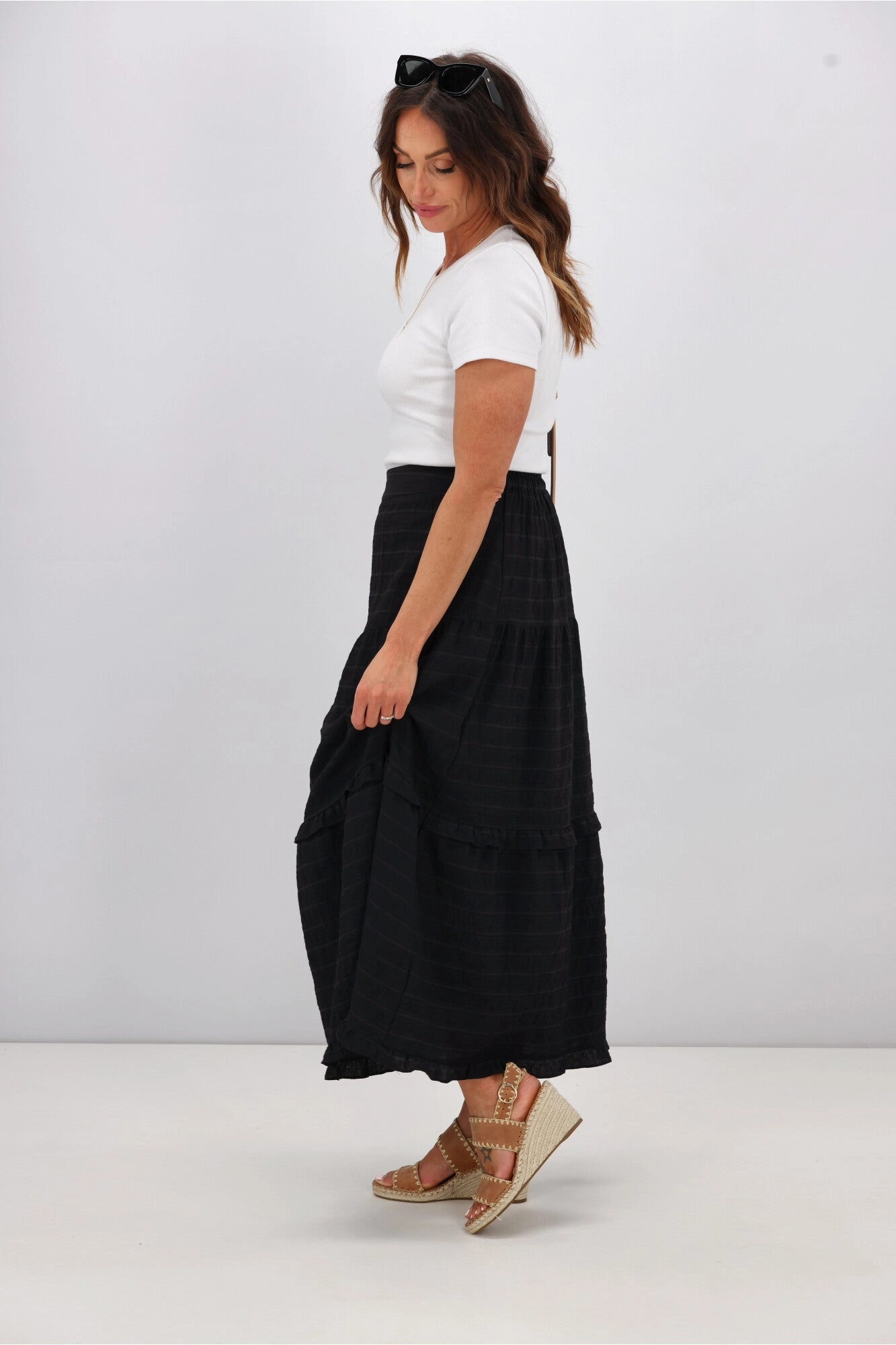 Shine On Label Zeppelin Tiered Maxi Skirt Black Check Outdoor Gathering Limited Quantity