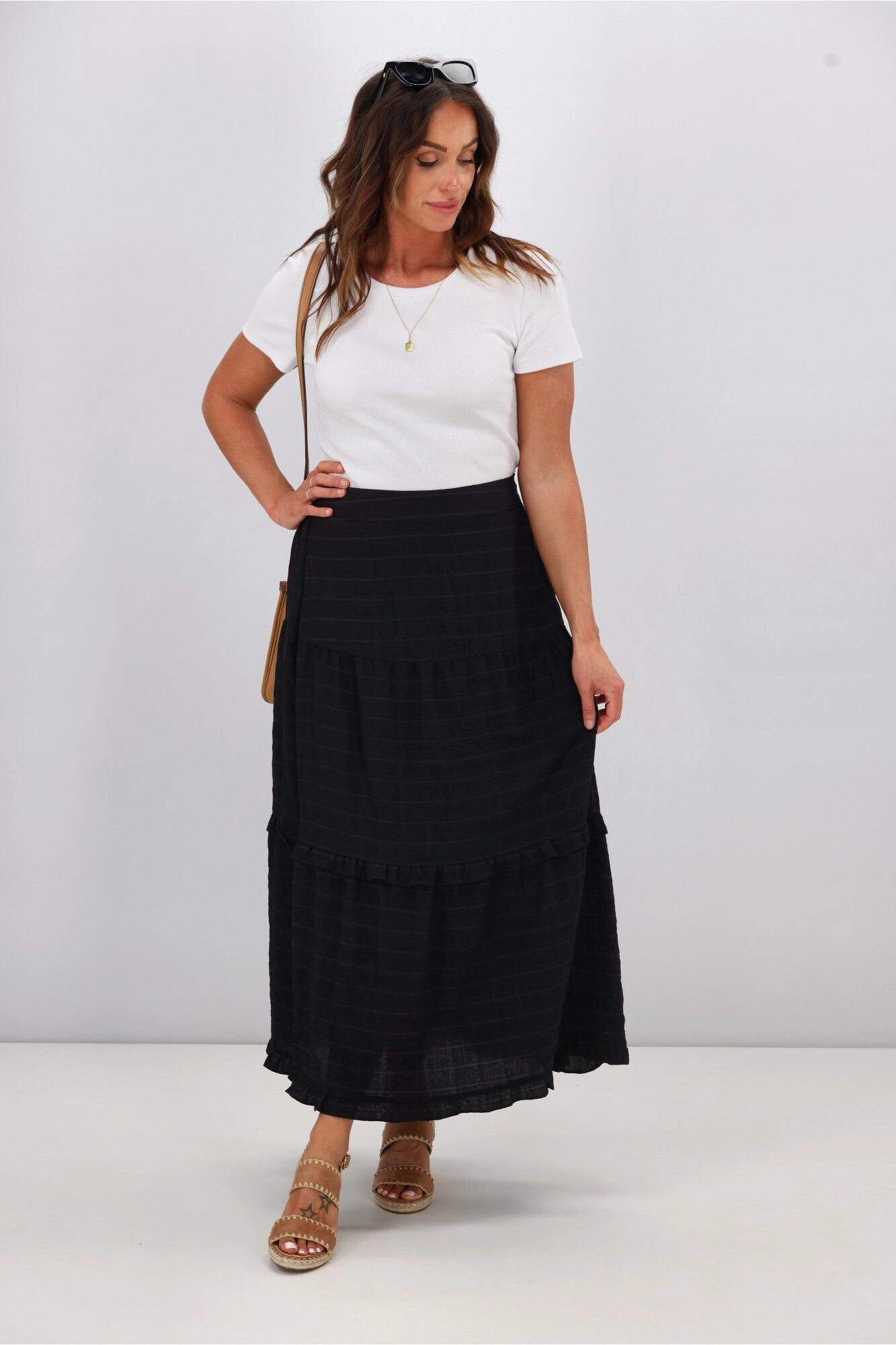 Bestseller Item Shine On Label Zeppelin Tiered Maxi Skirt Black Check