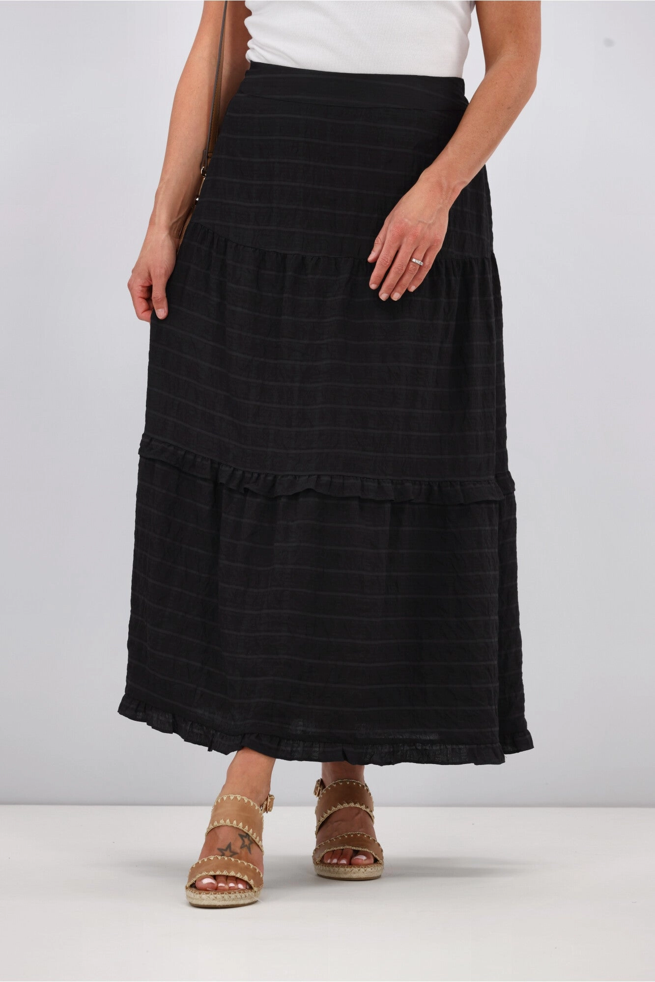 Glossy Texture Signature Line Shine On Label Zeppelin Tiered Maxi Skirt Black Check