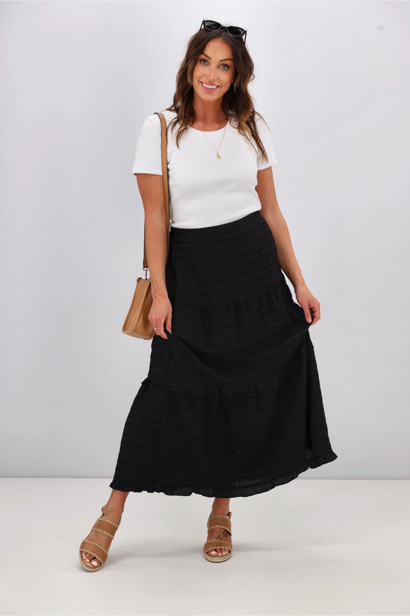 Shine On Label Zeppelin Tiered Maxi Skirt Black Check Elegant Feel Crisp Fit