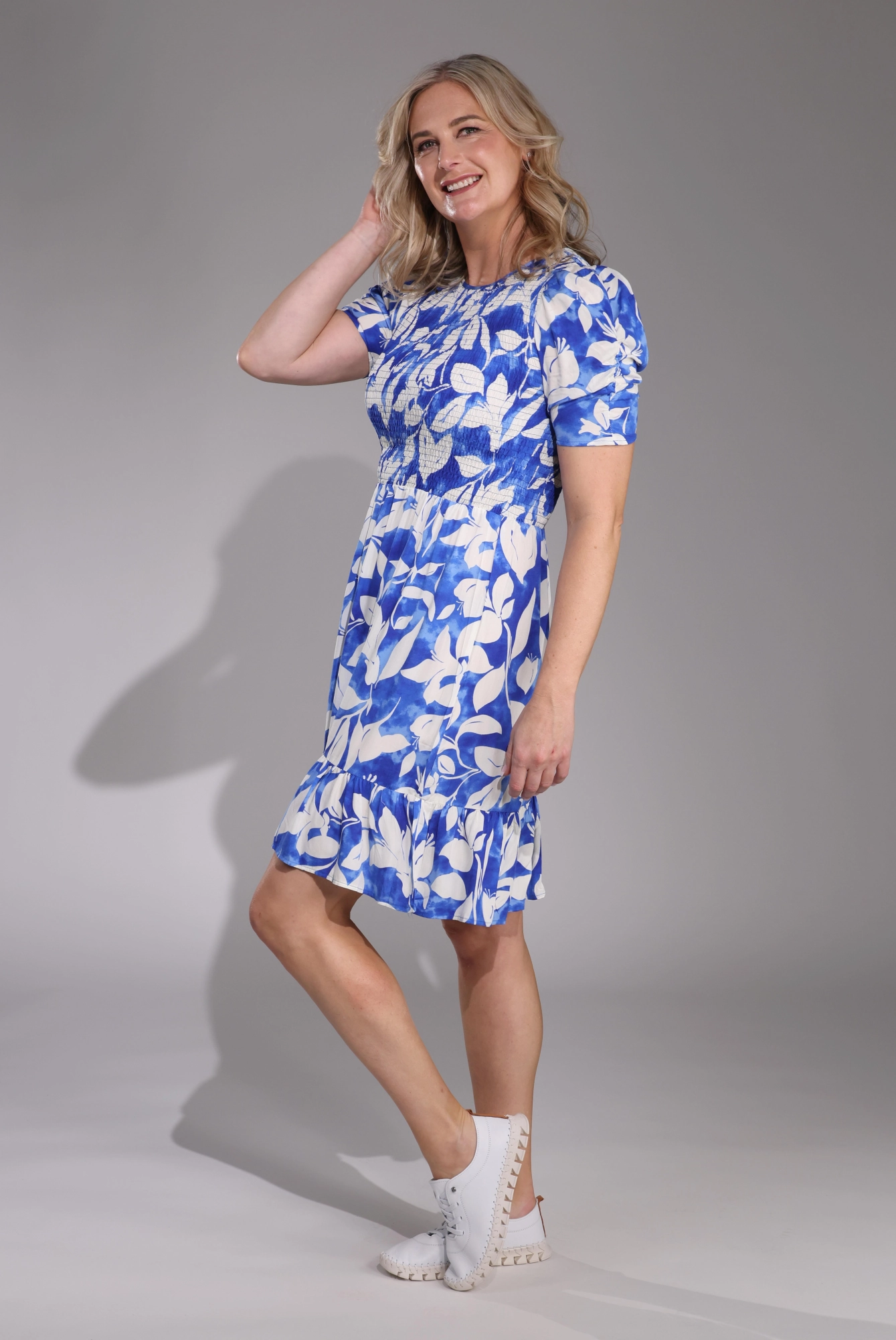 Linen Vibe Bold Style Shirred bodice lite weight Dress | Royal White Leaf | 3356C1