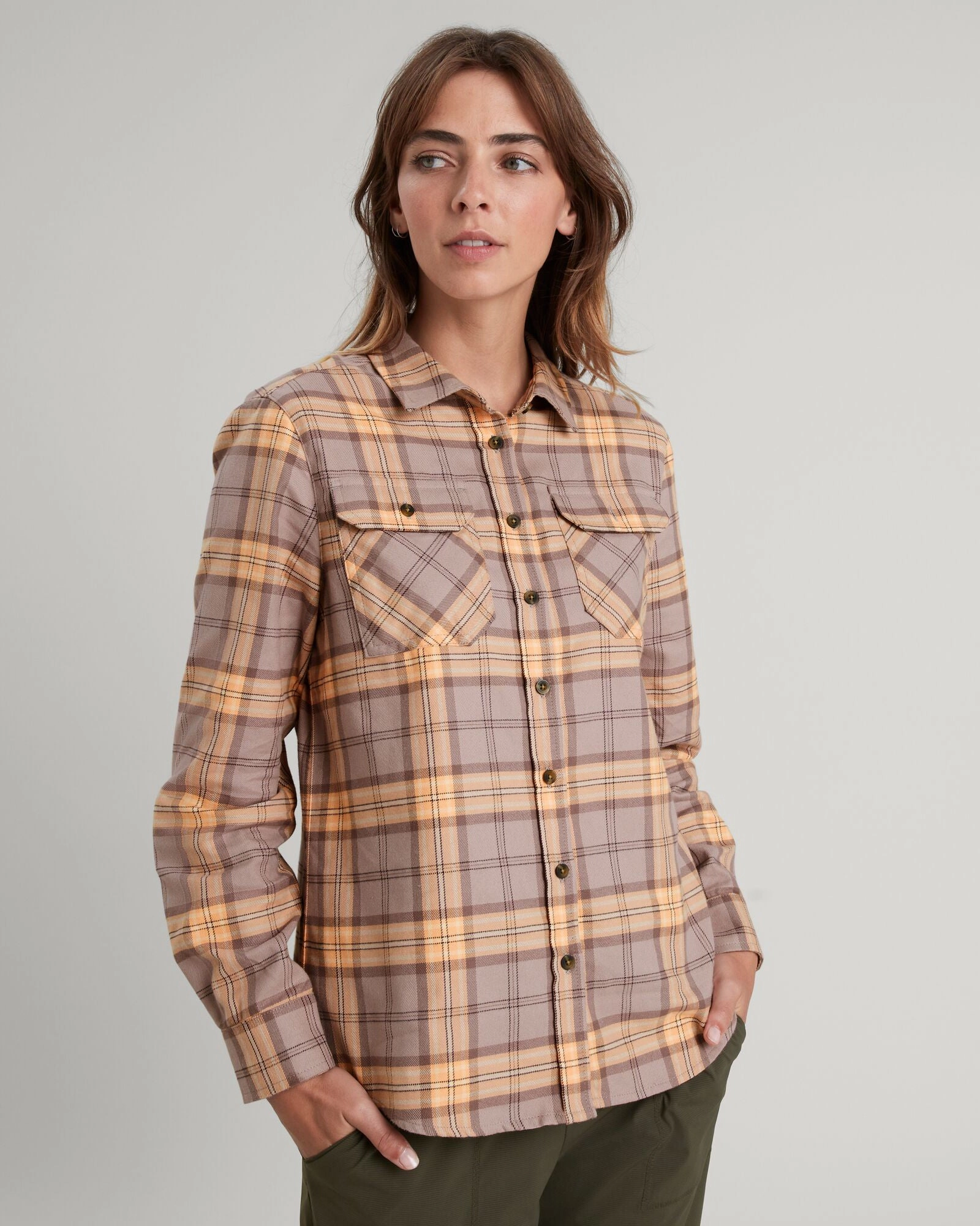 Unisex Choice Eco Friendly Material Carrillon Women's HF Long Sleeve Shirt - Taupe/Lolly Check