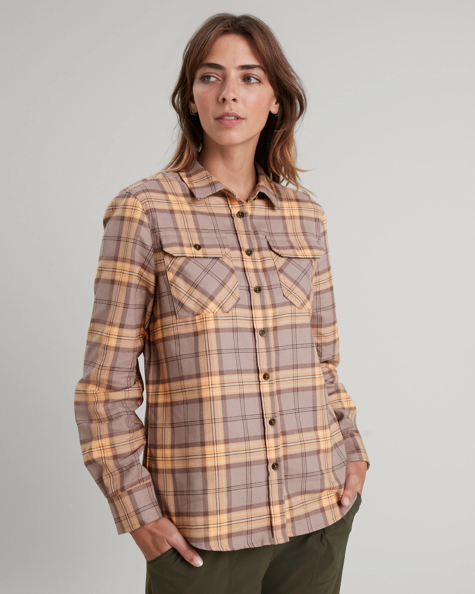 Carrillon Women's HF Long Sleeve Shirt - Taupe/Lolly Check Plaid Design