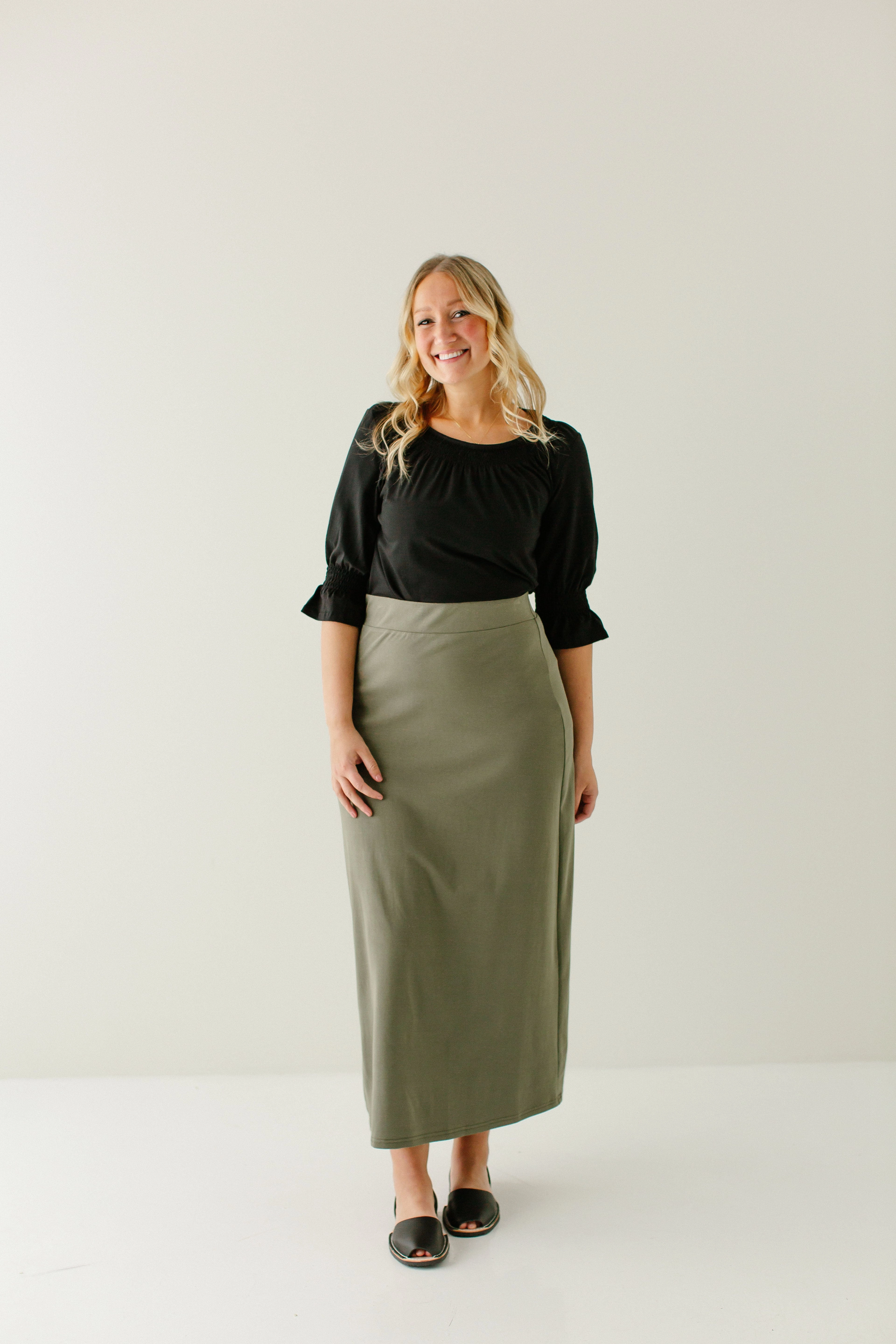Contrast Stitching A Line Cut 'Camille' Maxi Skirt in Dusty Olive FINAL SALE