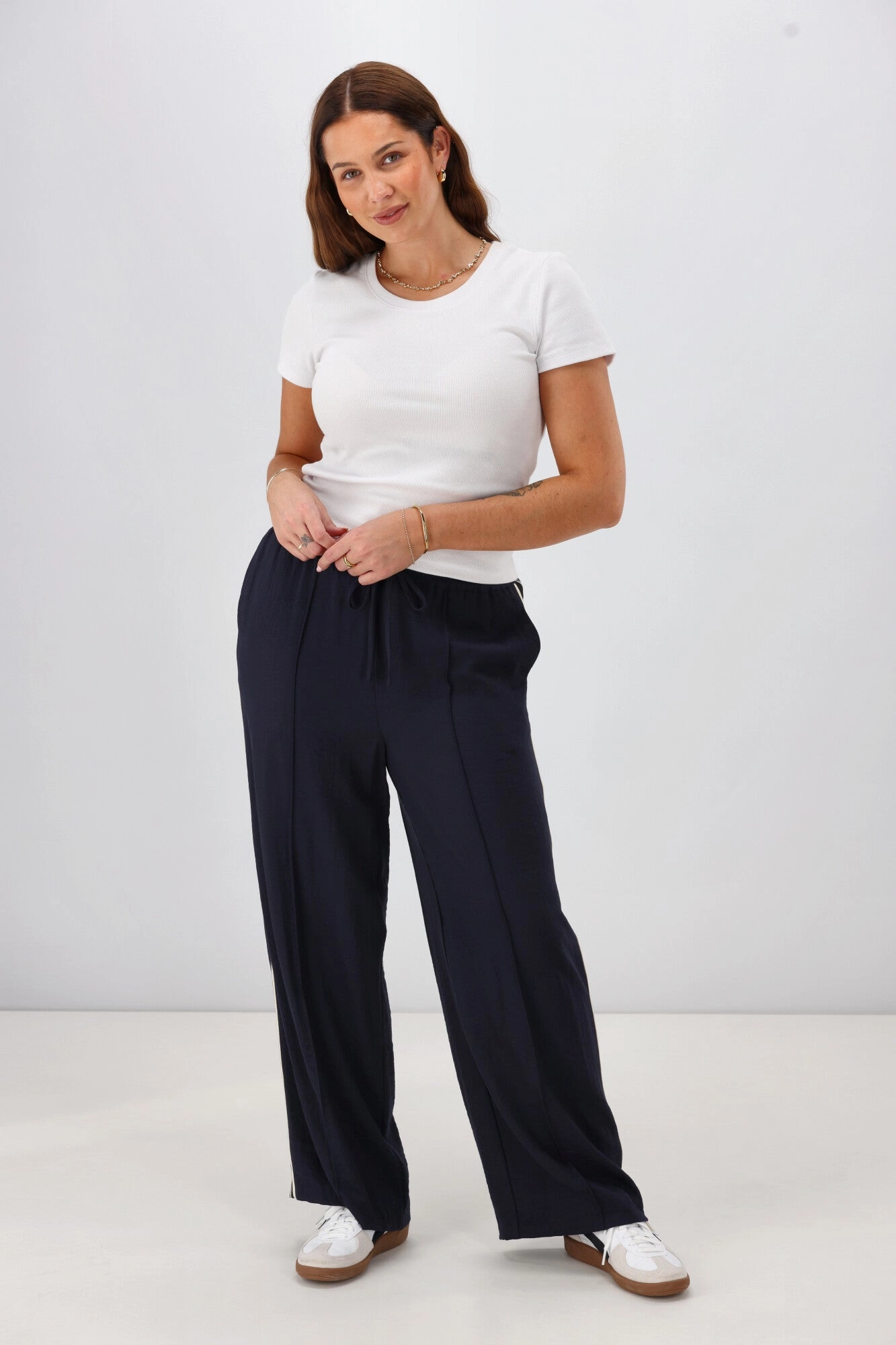 Rib Knit Comfort Seeker Shine On Label Keely Wide Leg Pant with Stripe Tape Midnight