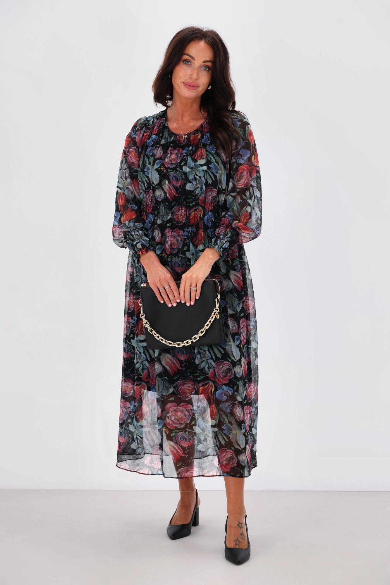 Gloss The Label Xanthe Maxi Pleated Dress Jewel Floral Print Office Shape Relaxed Fit Look