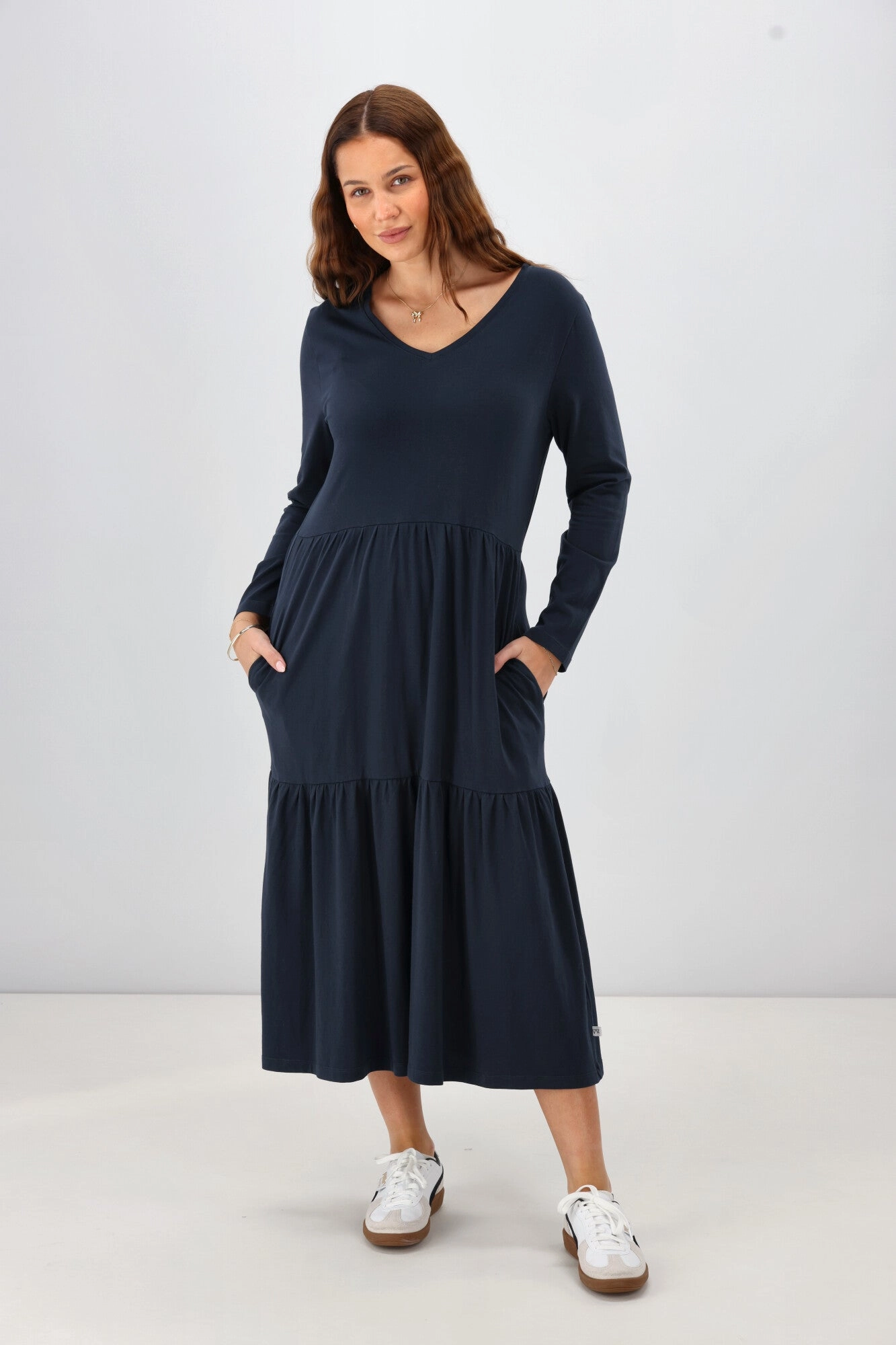 Event Mood Shine On Essential Long Sleeve Tiered Dress Navy