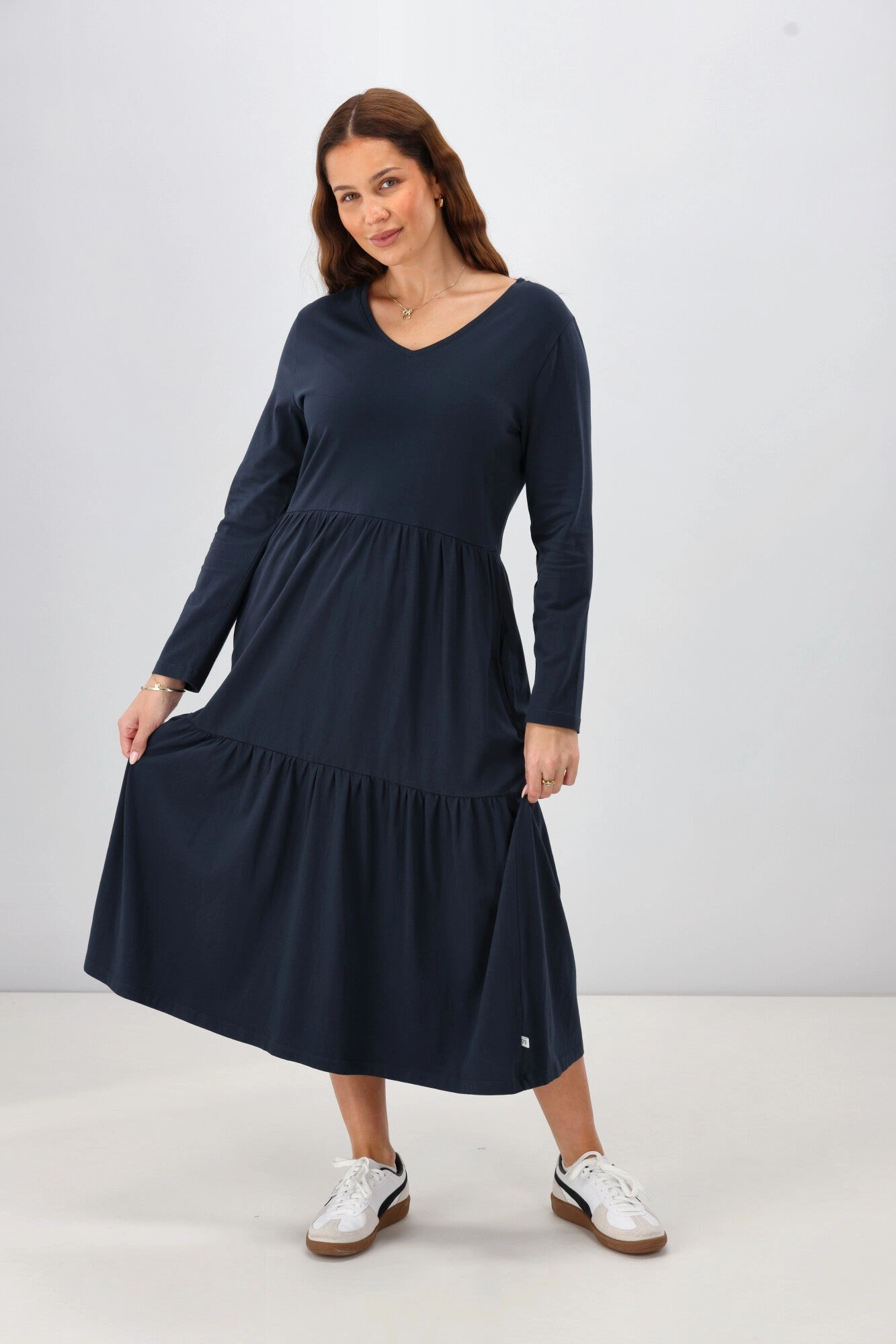 Wool-Blend Shine On Essential Long Sleeve Tiered Dress Navy