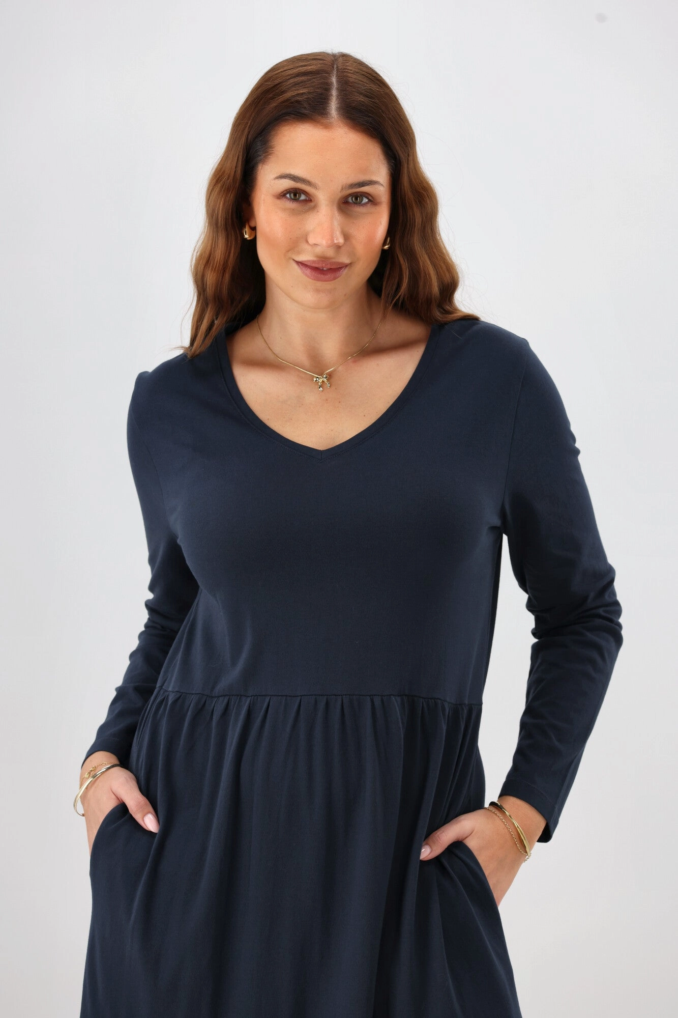 Shine On Essential Long Sleeve Tiered Dress Navy Soft Draping