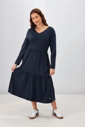Wool-Blend Shine On Essential Long Sleeve Tiered Dress Navy