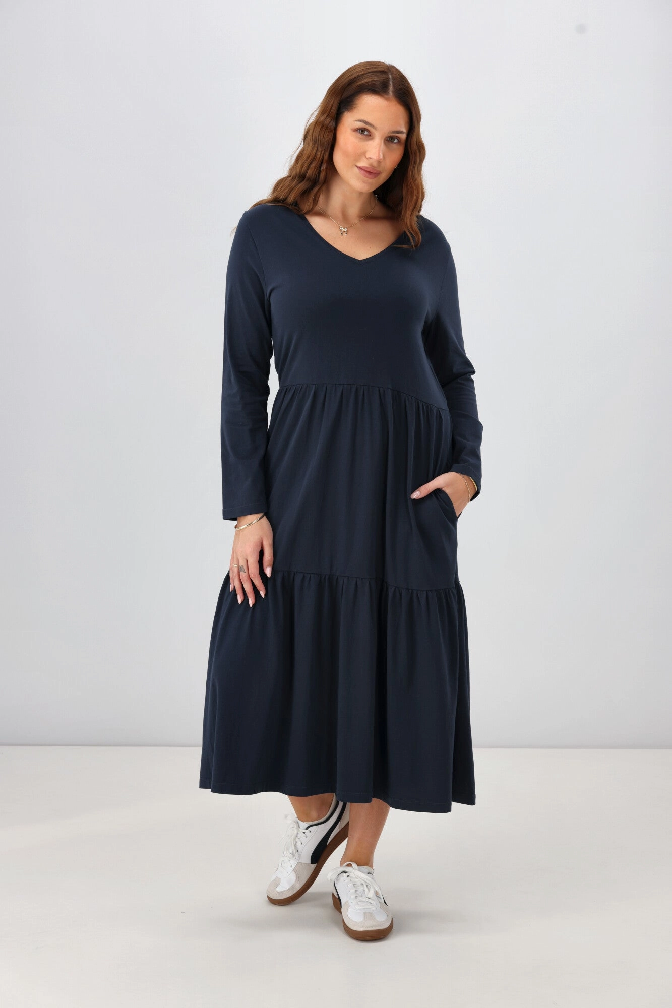 Modern-style Shine On Essential Long Sleeve Tiered Dress Navy