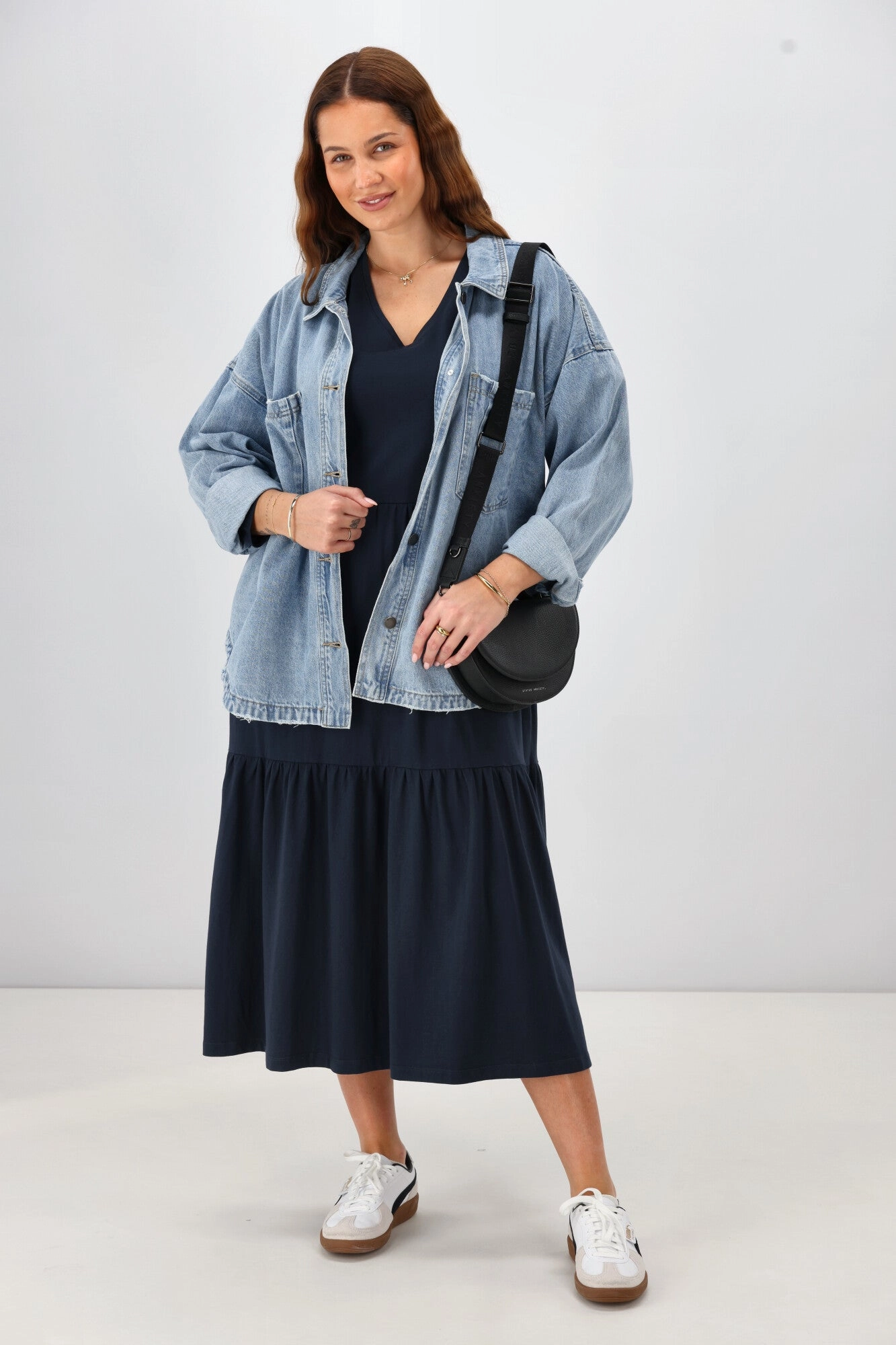 Shine On Essential Long Sleeve Tiered Dress Navy Sleek Flex Outfit Core