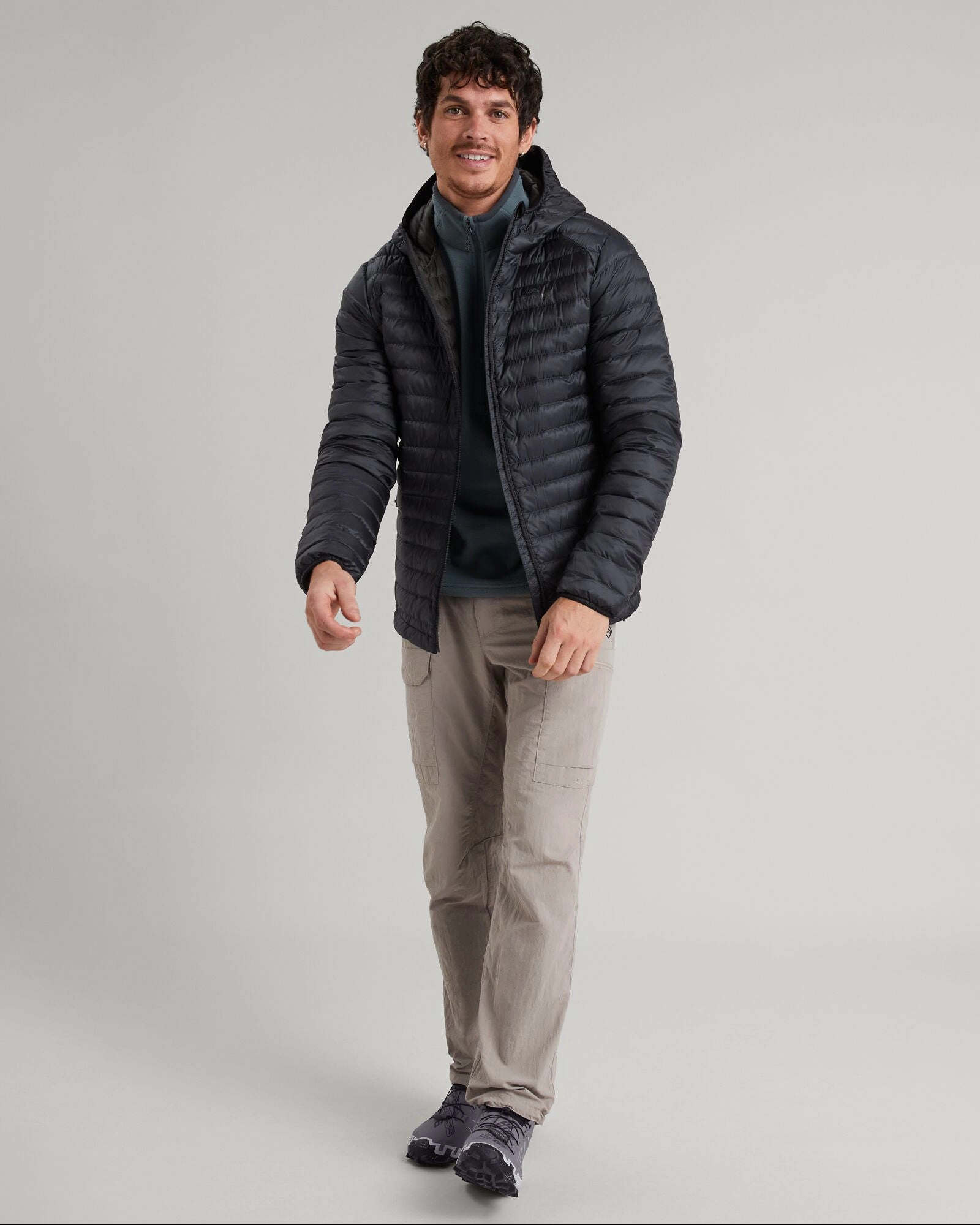Men's Heli R Hooded Down Jacket - Black Stingray FleeceLined Wrinkle Free Exterior