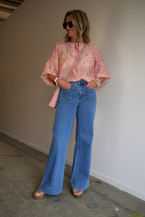 Shine On Label Kazniah Patch Pocket Wide Leg Jean Washed Blue Stretch Fit For Teens Easy Fit