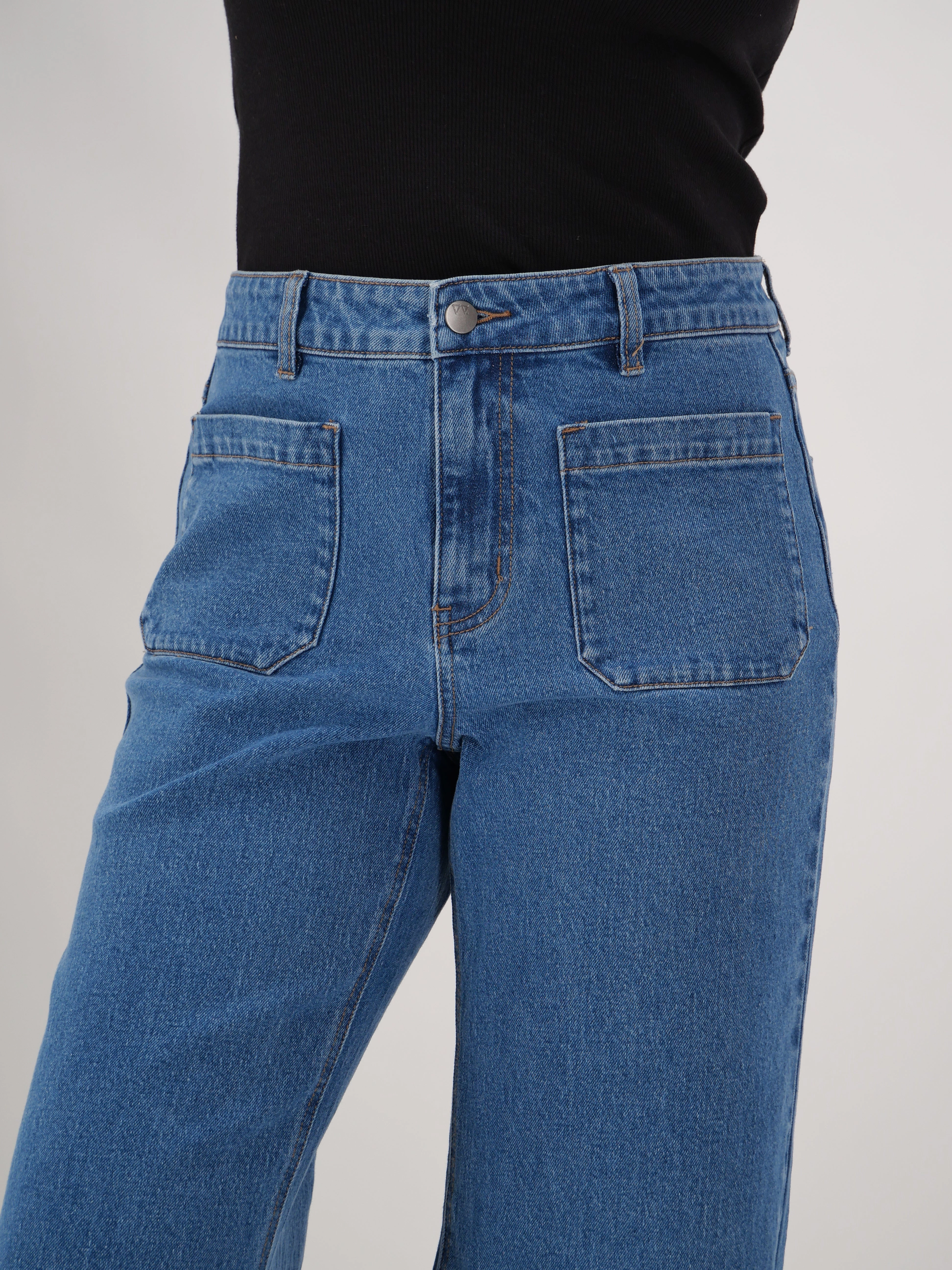 Shine On Label Kazniah Patch Pocket Wide Leg Jean Washed Blue High density material Travel Enthusiast Moisture Wicking