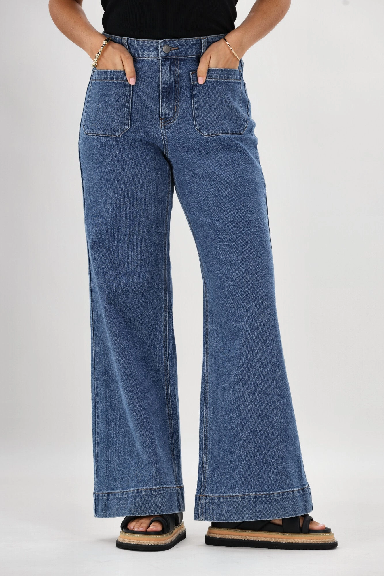 Shine On Label Kazniah Patch Pocket Wide Leg Jean Washed Blue Seamless Design Minimalist Style Adaptive Compression Levels