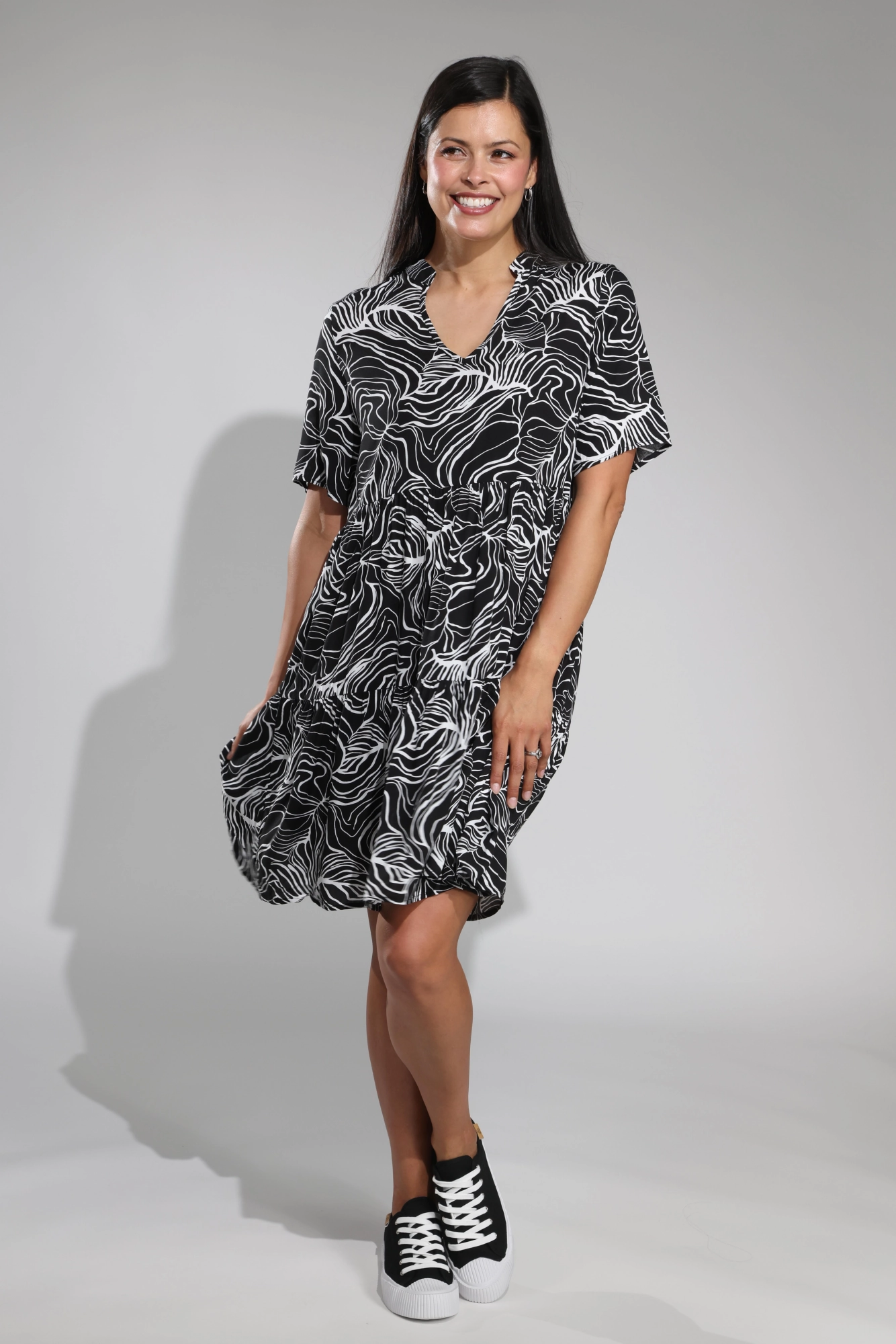 Nehru collar Tiered Dress | Black Ivory Lines | 3353A1 Flattering Cut Wear