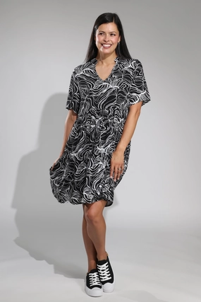 Soft fabric piece Nehru collar Tiered Dress | Black Ivory Lines | 3353A1