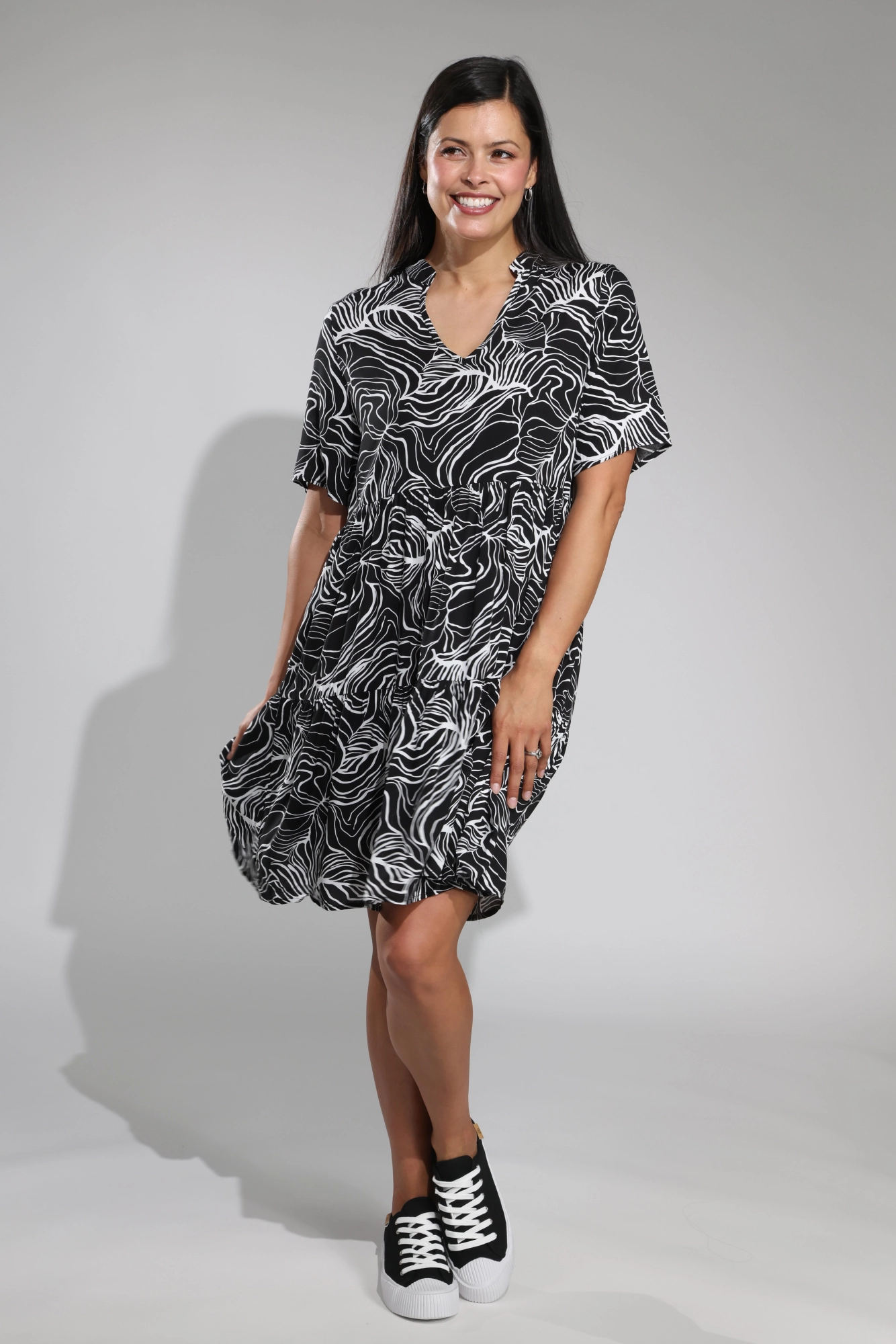 Soft fabric piece Nehru collar Tiered Dress | Black Ivory Lines | 3353A1