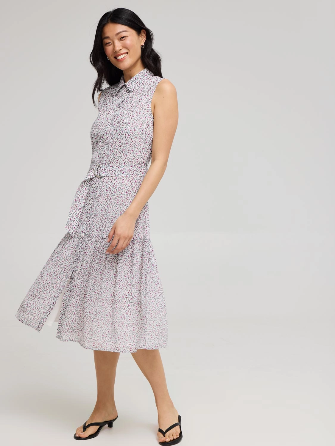 Sleeveless Ditsy Floral Button-Front Chiffon Dress Versatile Comfort Wear