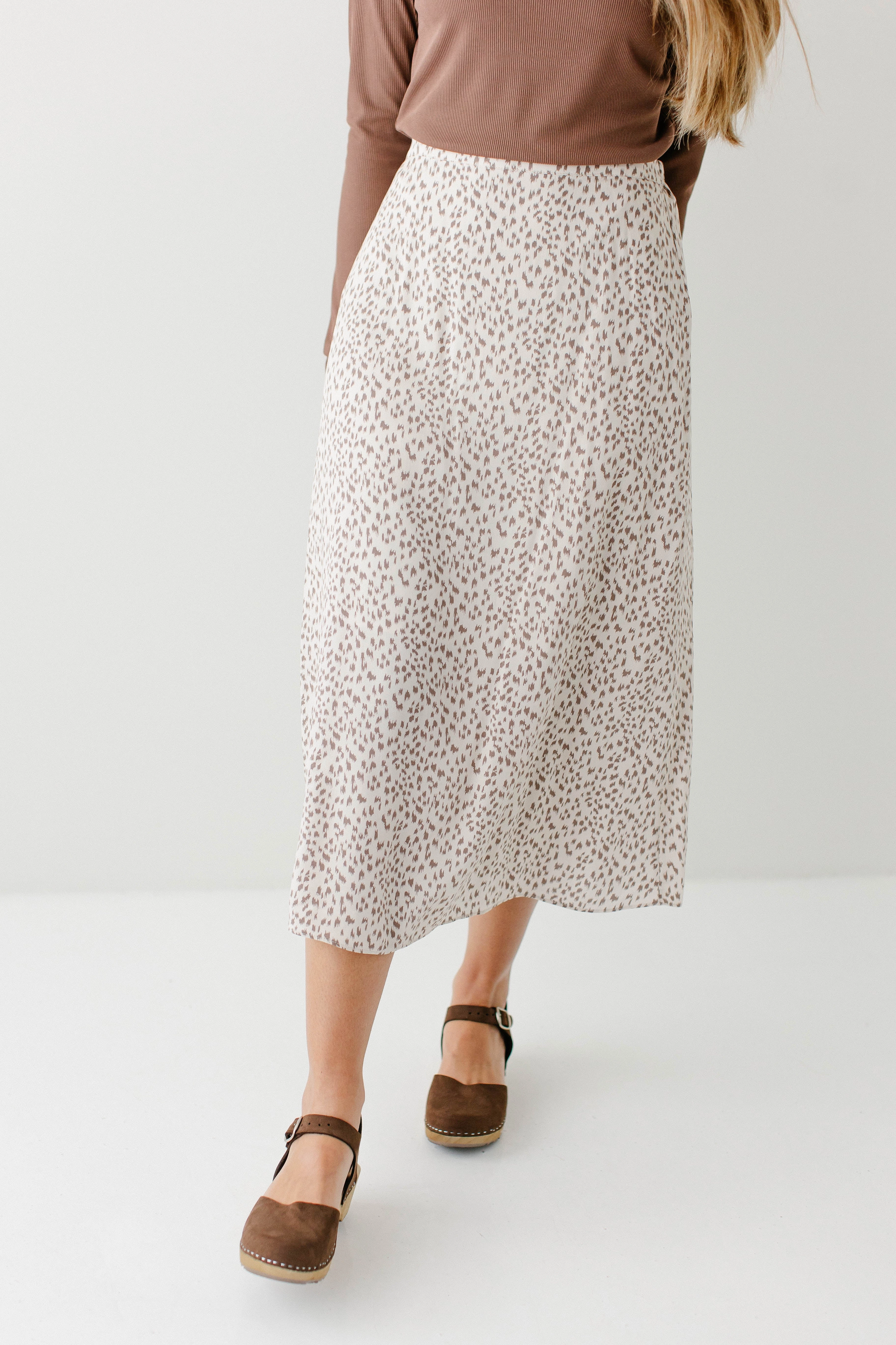 'Marc' Abstract Leopard Print Midi Skirt in Cream Inverted Pleats