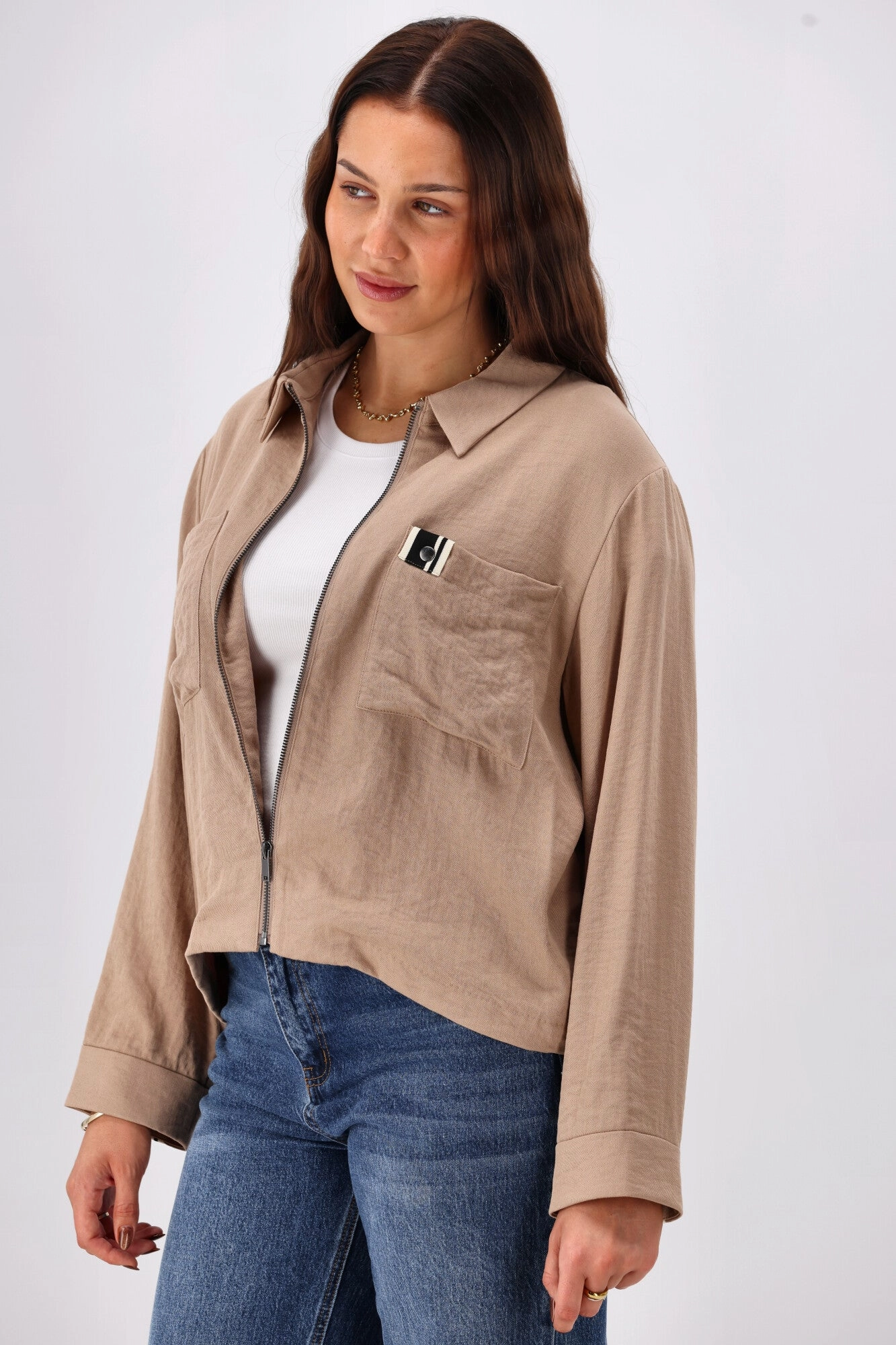 Statement Outerwear Shine On Label Lulu Zip Collared Jacket Camel