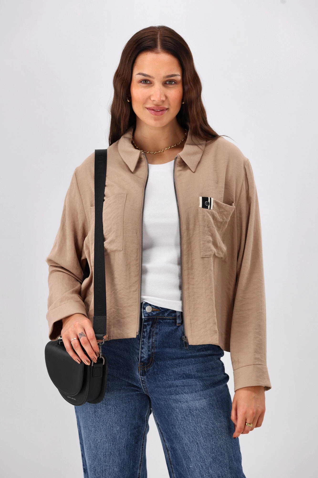 abrasion resistant coating Shine On Label Lulu Zip Collared Jacket Camel