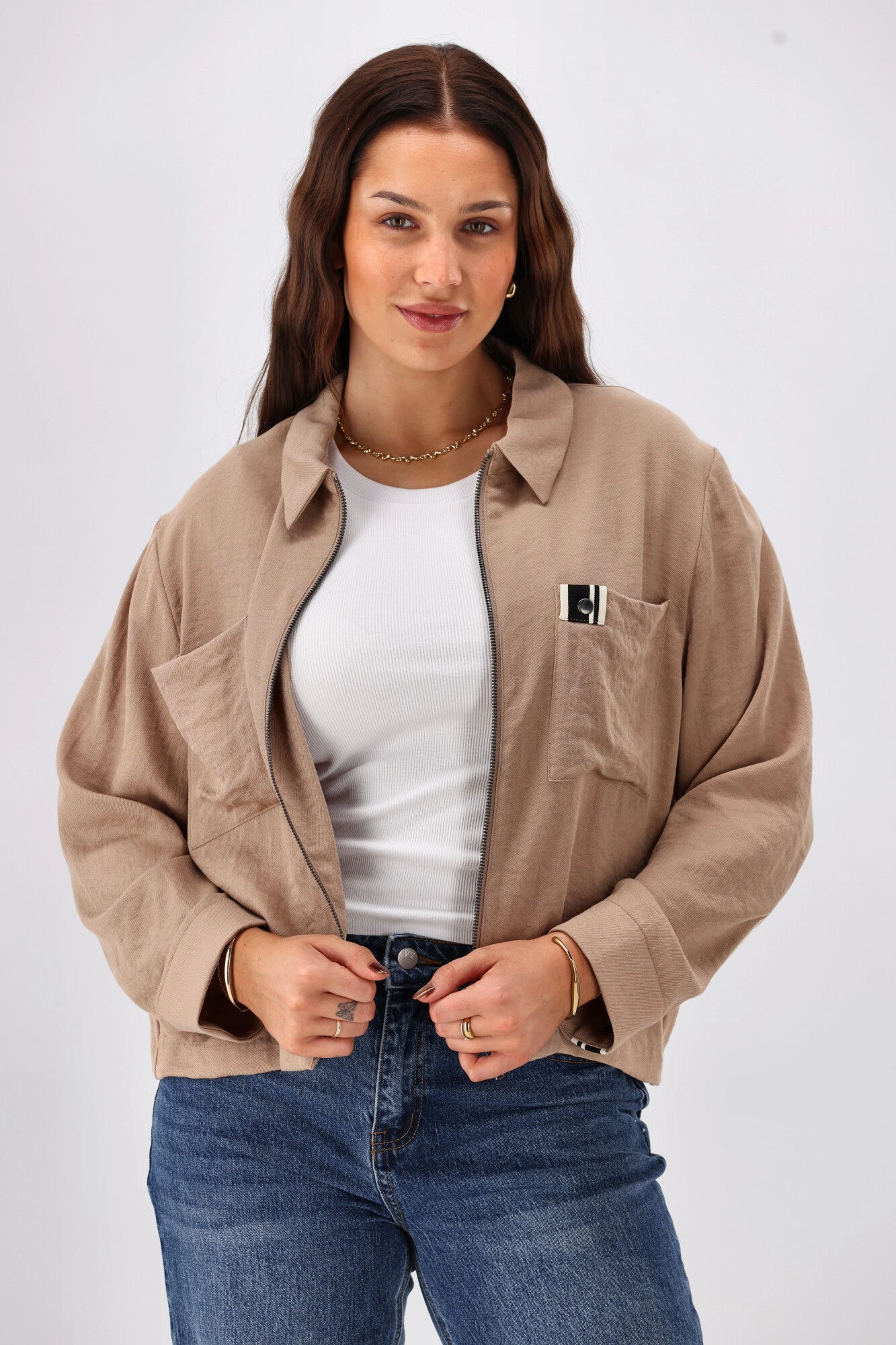 Shine On Label Lulu Zip Collared Jacket Camel Sleek Layers Neutral Look