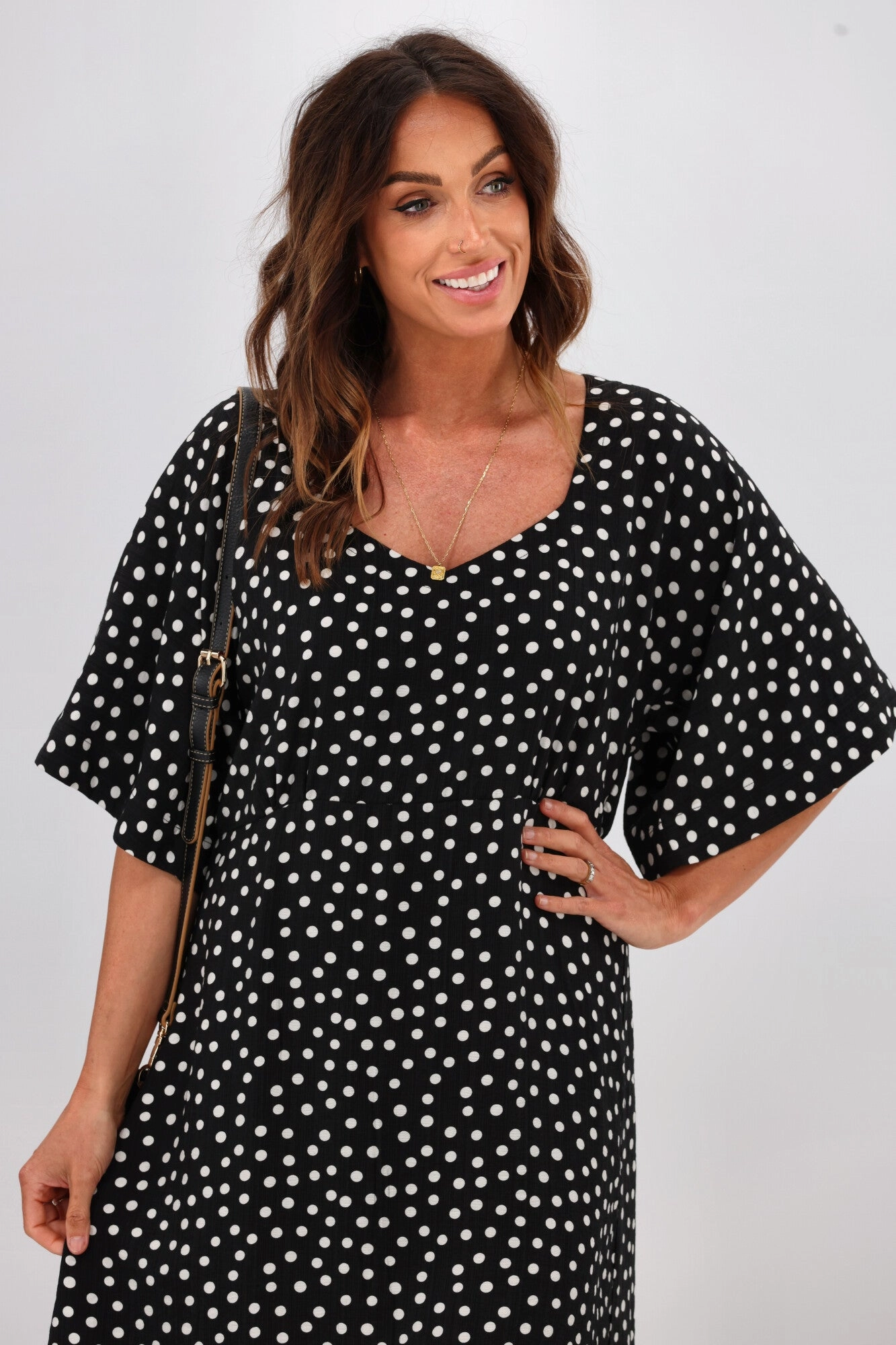 Timeless Look City Friendly Gloss by Shine On Erin Kimono Sleeve Dress Black Polka Dot