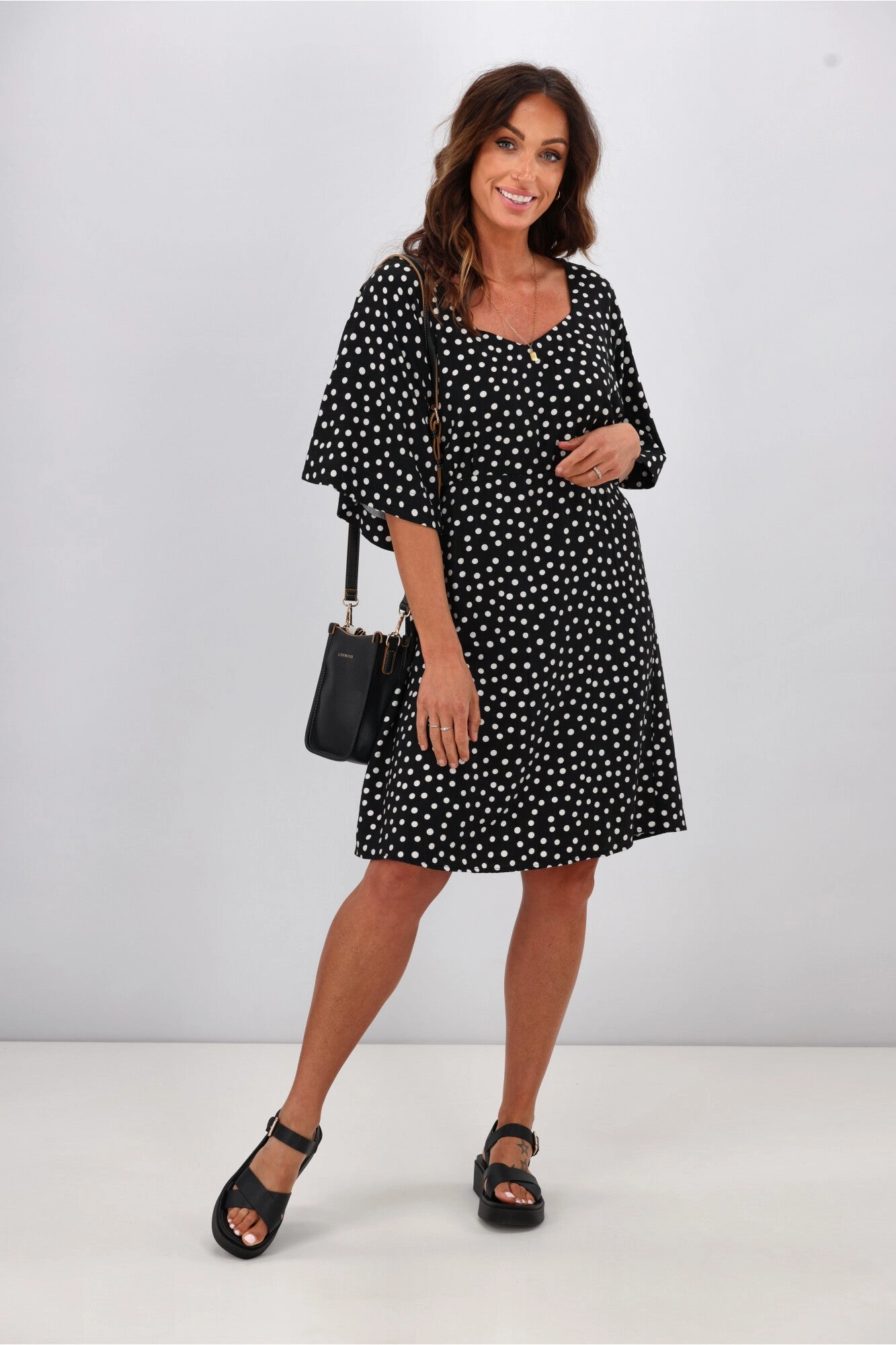 All Purpose Perfect Wear Gloss by Shine On Erin Kimono Sleeve Dress Black Polka Dot