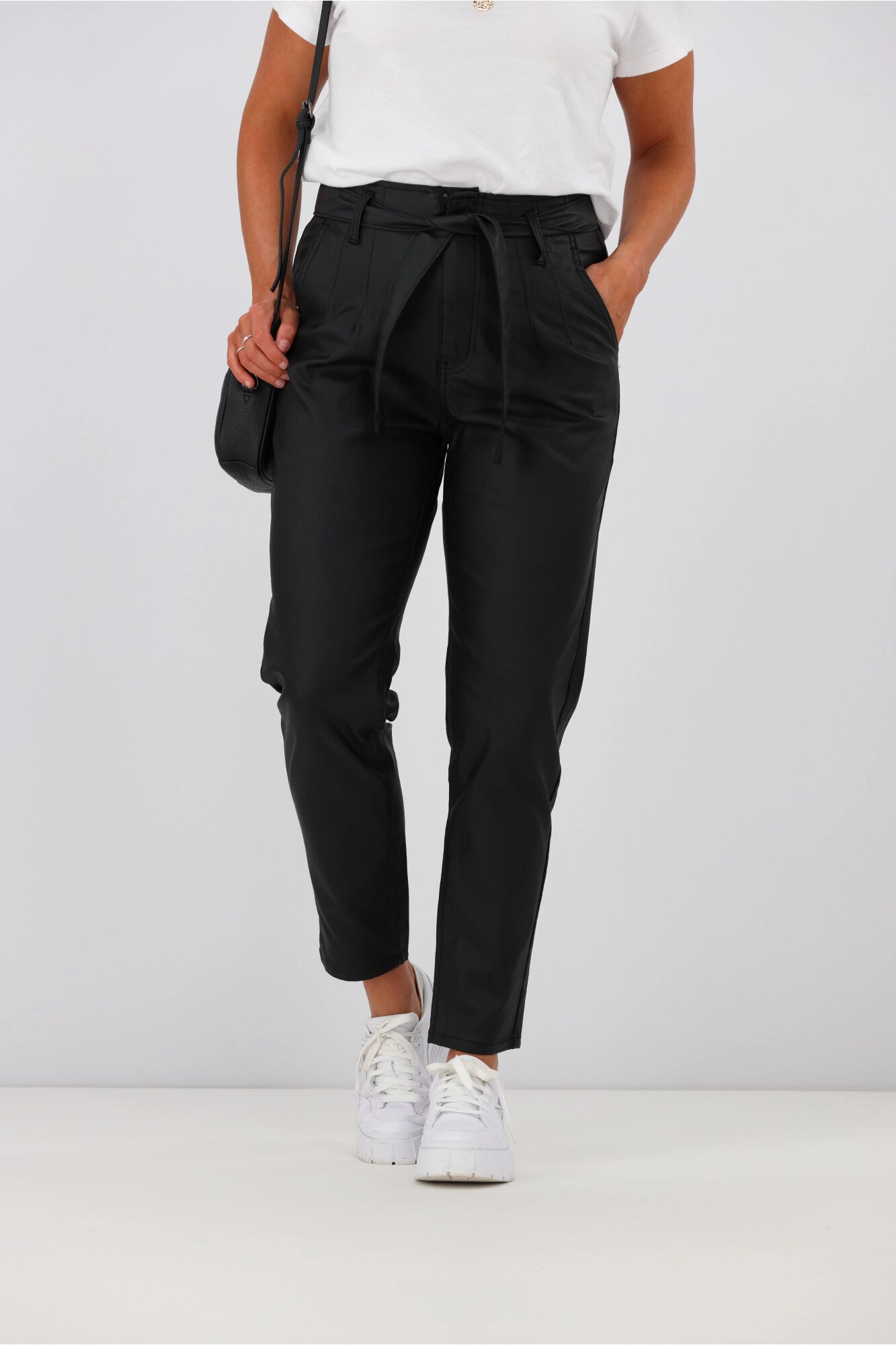 Anti Static Material Chilly Day Wear Wakee Alex Tie Front Wet Look Pant Black