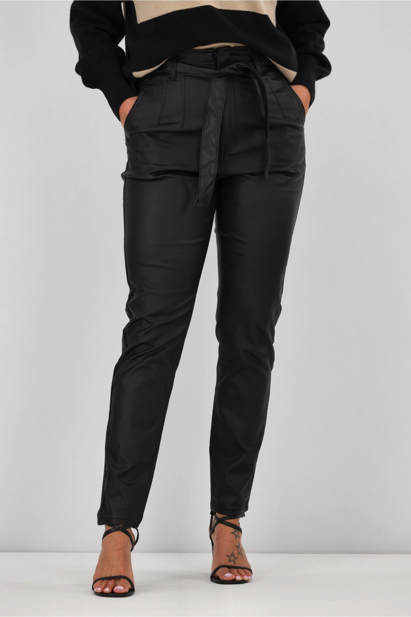 Wakee Alex Tie Front Wet Look Pant Black Confidence Style Postpartum Fit Summer Wear