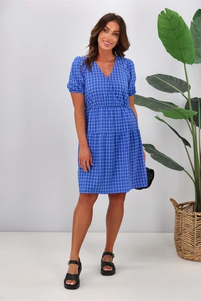 Tulle-Overlay Shine On Label Tatiana Cross Over Tier Check Dress Blue