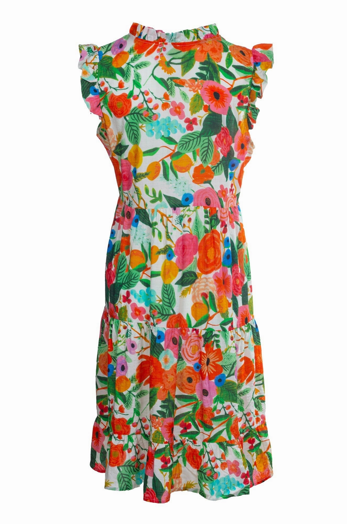 Flattering Waistband Fit Satin-Sleeve Colourful Cotton Blend Dress | Orange Green Garden | 6513A1