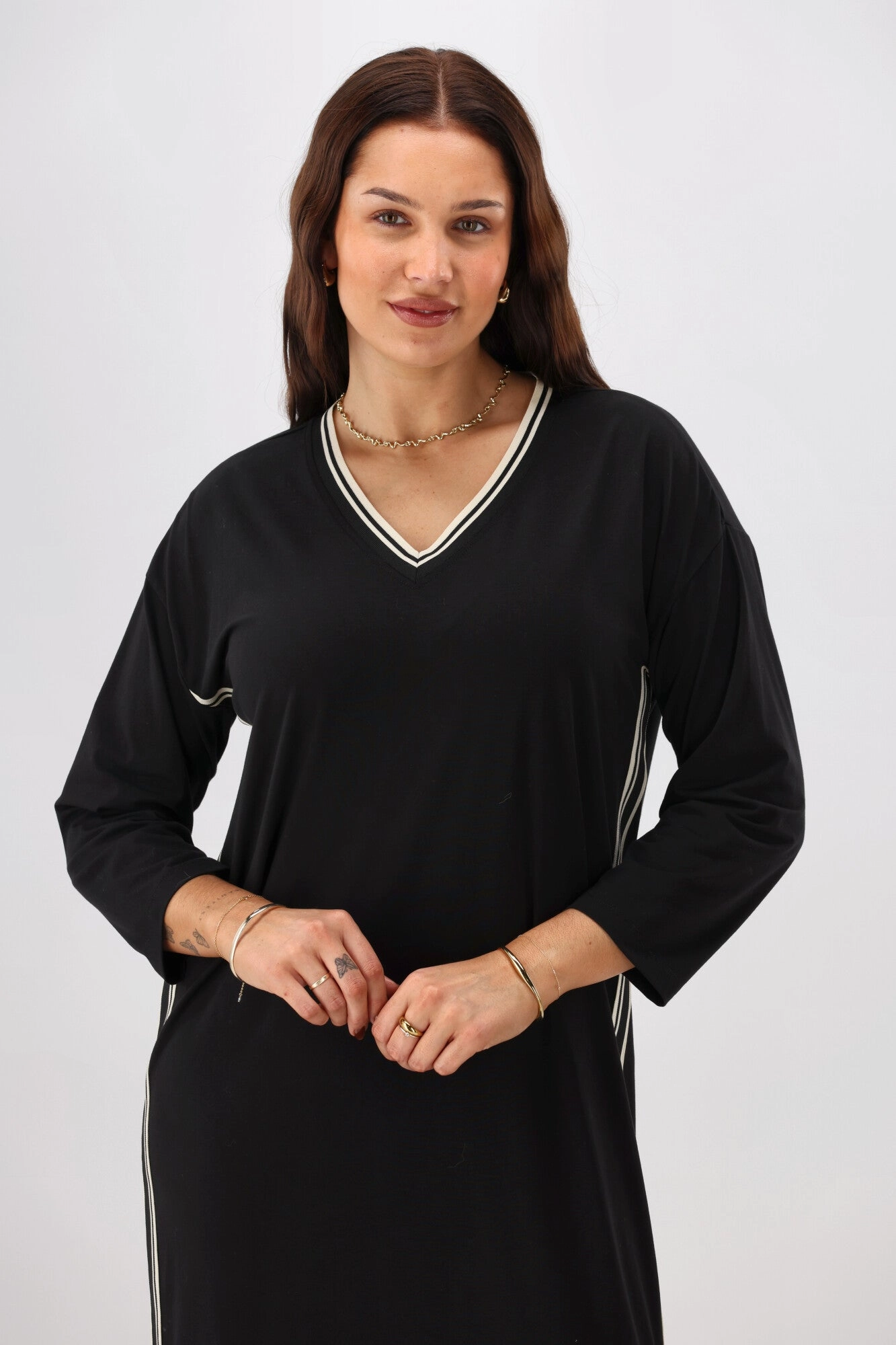 Shine On Label Kiki Knit Dress with Stripe Tape Neck Black Cool Elegance